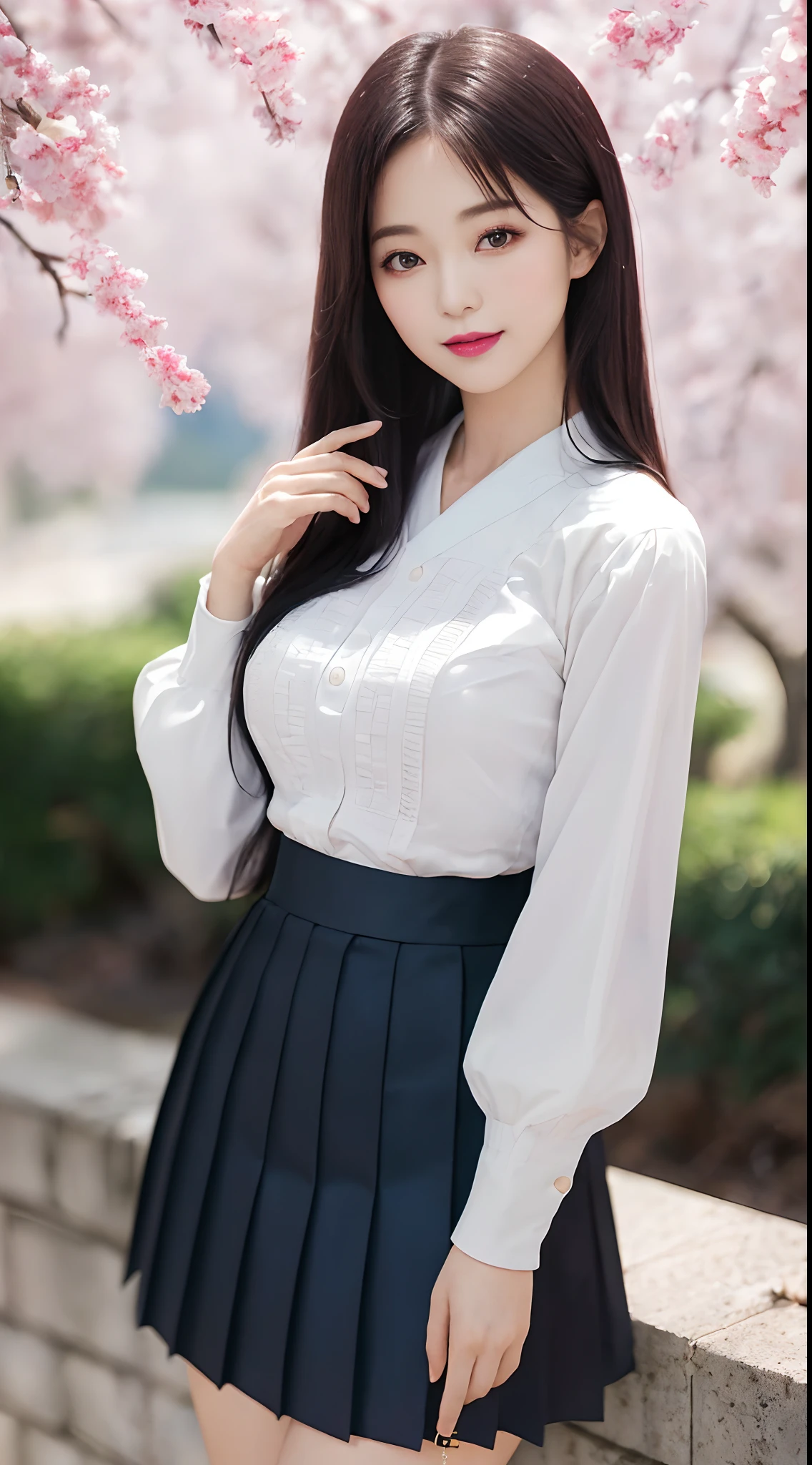 ((Best Quality, 8K, Masterpiece: 1.3)), Super Cute Beautiful Woman, 1 Girl, (Beautiful Breasts:1.3), (Abs, Slender Figure: 1.1), Sharp Focus, (((Intricate Details)), High Detail, Upper Body, One Girl, Black Straight Hair with bangs, Japan Schoolgirl Uniform, White sailor clothes, navy Pleats Skirt, knee-length skirt, 8K, 8K Resolution, clean detailed face, Detailed Body, Detailed Clothes, Sharp Images, Japan Anime Concept Art, trending on Pixiv, looking the viewer, facing the viewer, seductive model pose, seductive smile, pink lipstick, bokeh, field of depth, 8 life size, 8k resolution, upper body image, shot on EOS 5D Mark IV, 35mm lens, f1.8,