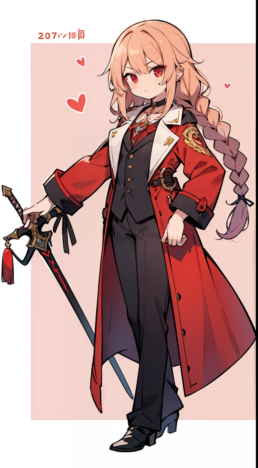 uth, fullllbody, Character Design, Peachy Hair, 1 thin braid, Red Eyes, Eyes are hearts, High quality, sword holding, Holding a purple rapier in his left hand, Straight face, Cool, Sauce order, glamor, Mole in the corner of the left eye,number々Piercing, a black choker, Suit in red coat, The tattoo, Wide Shot, Detailed background of the dungeon