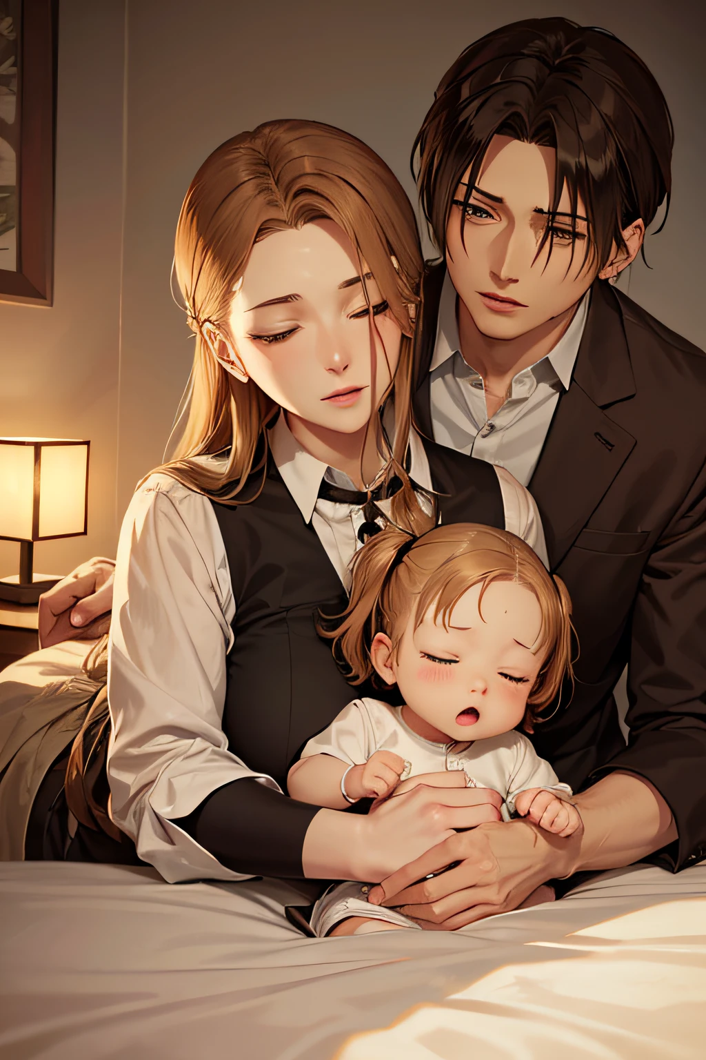 Levi Ackerman from AOT and a mature women with brown/blonde hair with free forehead, holding togheter a girl with brown hair, sleeping in bed, happy familly