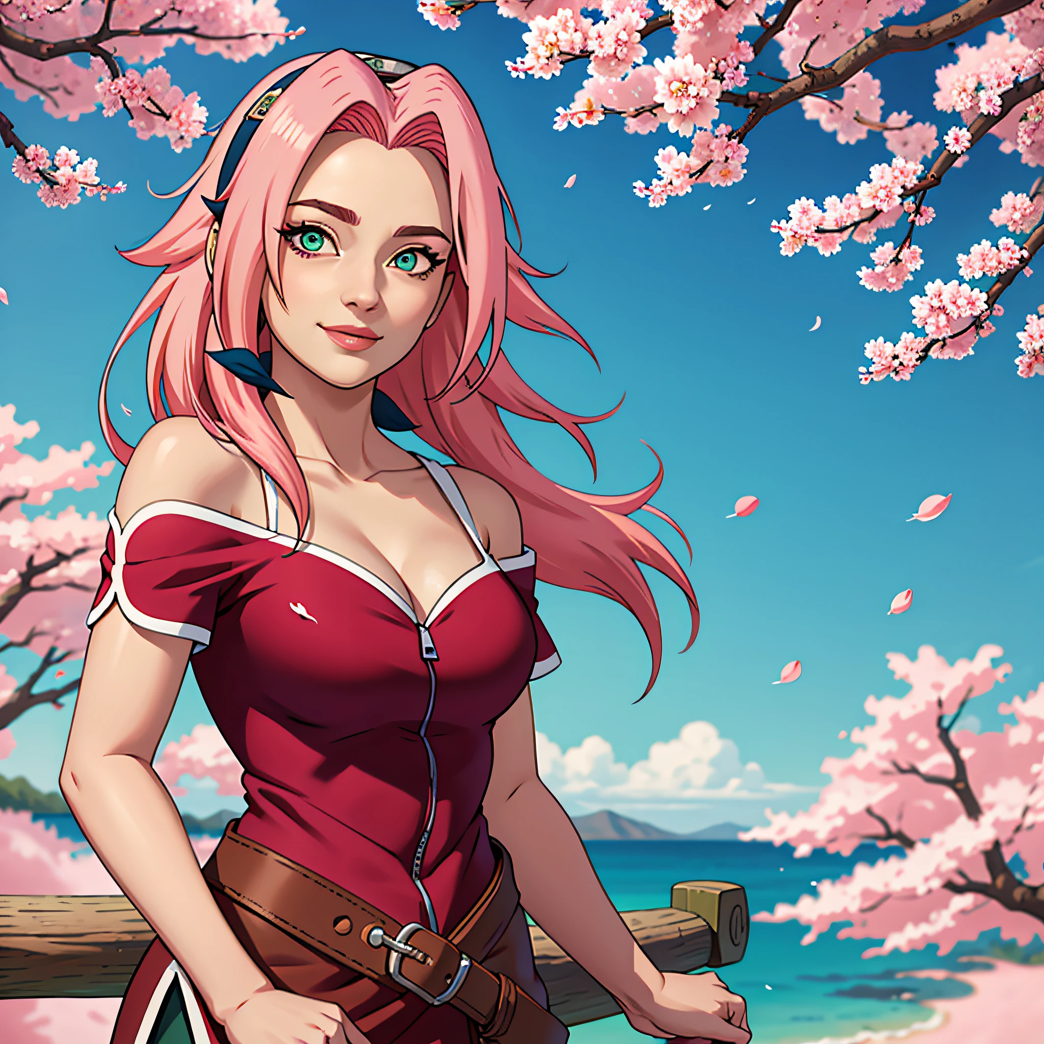 tmasterpiece, Best quality at best, 1girll, Sakura Haruno, Large breasts,Off-the-shoulder attire,(cleavage),(upperbody closeup),Raised sexy,is shy,ssmile,with pink hair, long whitr hair, (Green eyeballs:1.4), Forehead protection, the cherry trees,Cherry blossoms flying,Red clothes,Zipper half