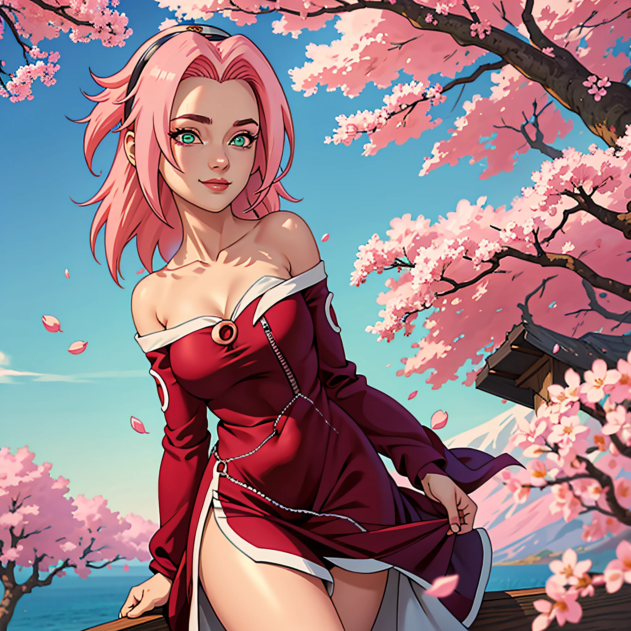 tmasterpiece, Best quality at best, 1girll, Sakura Haruno, Large breasts,Off-the-shoulder attire,(cleavage),(upperbody closeup),Raised sexy,is shy,ssmile,with pink hair,short hair, (Green eyeballs:1.4), Forehead protection, the cherry trees,Cherry blossoms flying,Red clothes,Zipper half, sitting on the ground