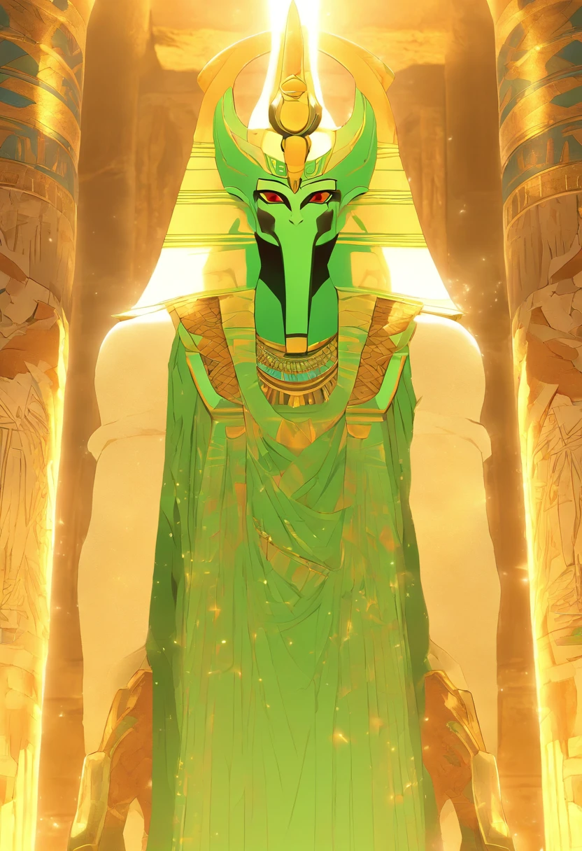 (((Osiris))) best quality, very high resolution, 4K detailed CG, masterpiece, Egyptian mythology, Osiris,green skin, Egyptian temple,Ancient Egypt,sunlight,white clothes, Egyptian clothes, desert,mummy , ((standing pose)), aesthetic , Beautiful image, centered on the screen