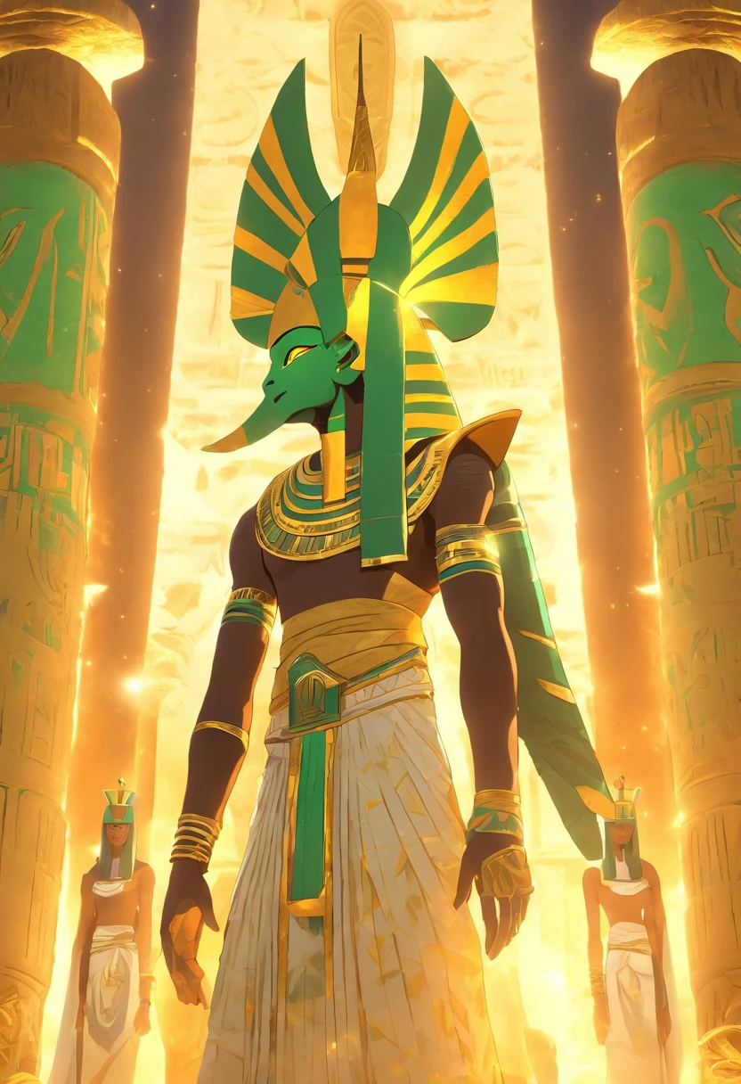(((Osiris))) best quality, very high resolution, 4K detailed CG, masterpiece, Egyptian mythology, Osiris,green skin, Egyptian temple,Ancient Egypt,sunlight,white clothes, Egyptian clothes, desert,mummy , ((standing pose)), aesthetic , Beautiful image, centered on the screen