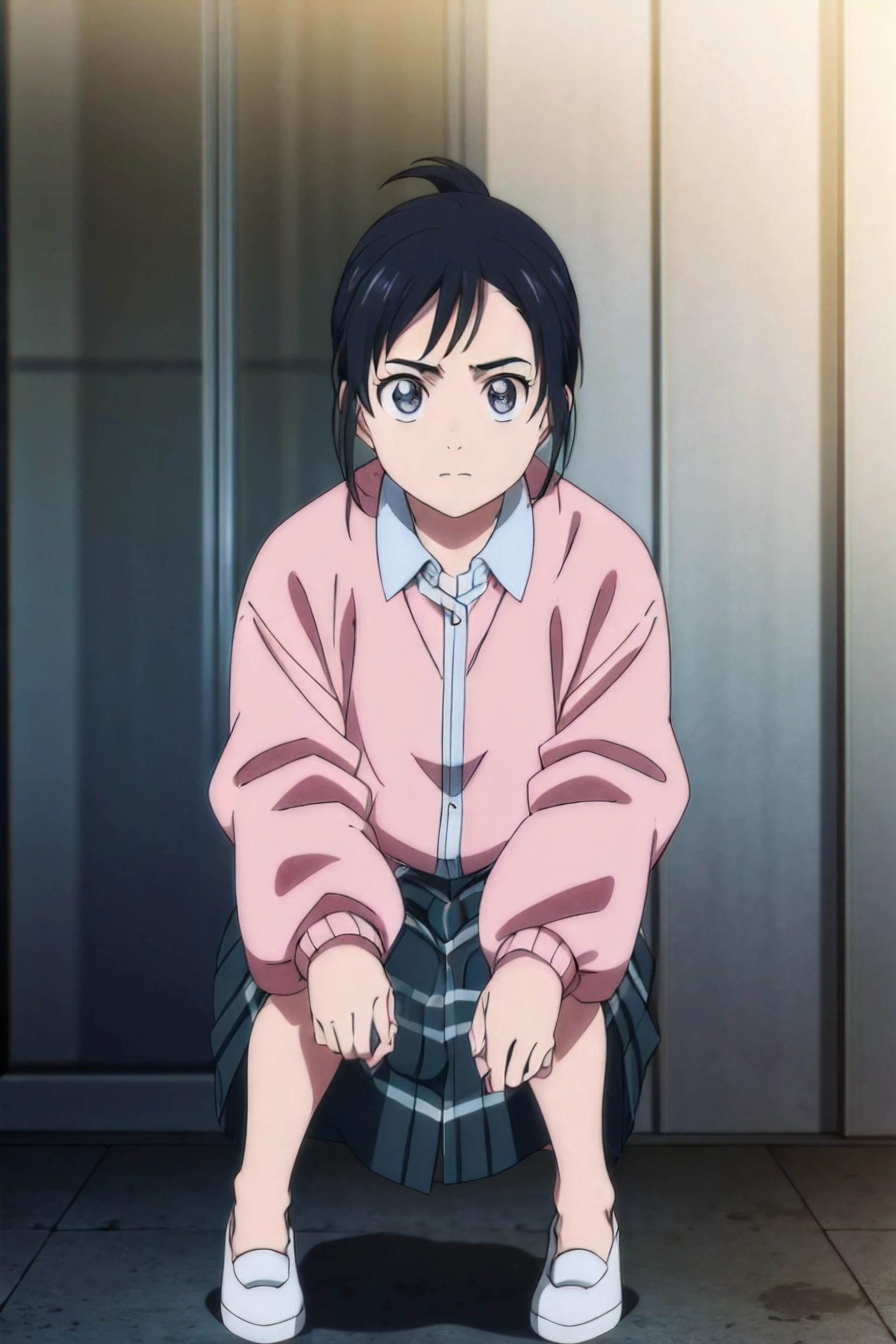 IsakiMagari,1girl, button-down jacket, long matching skirt that reaches to just above knees, solo, facing viewer, looking at viewer, serious look