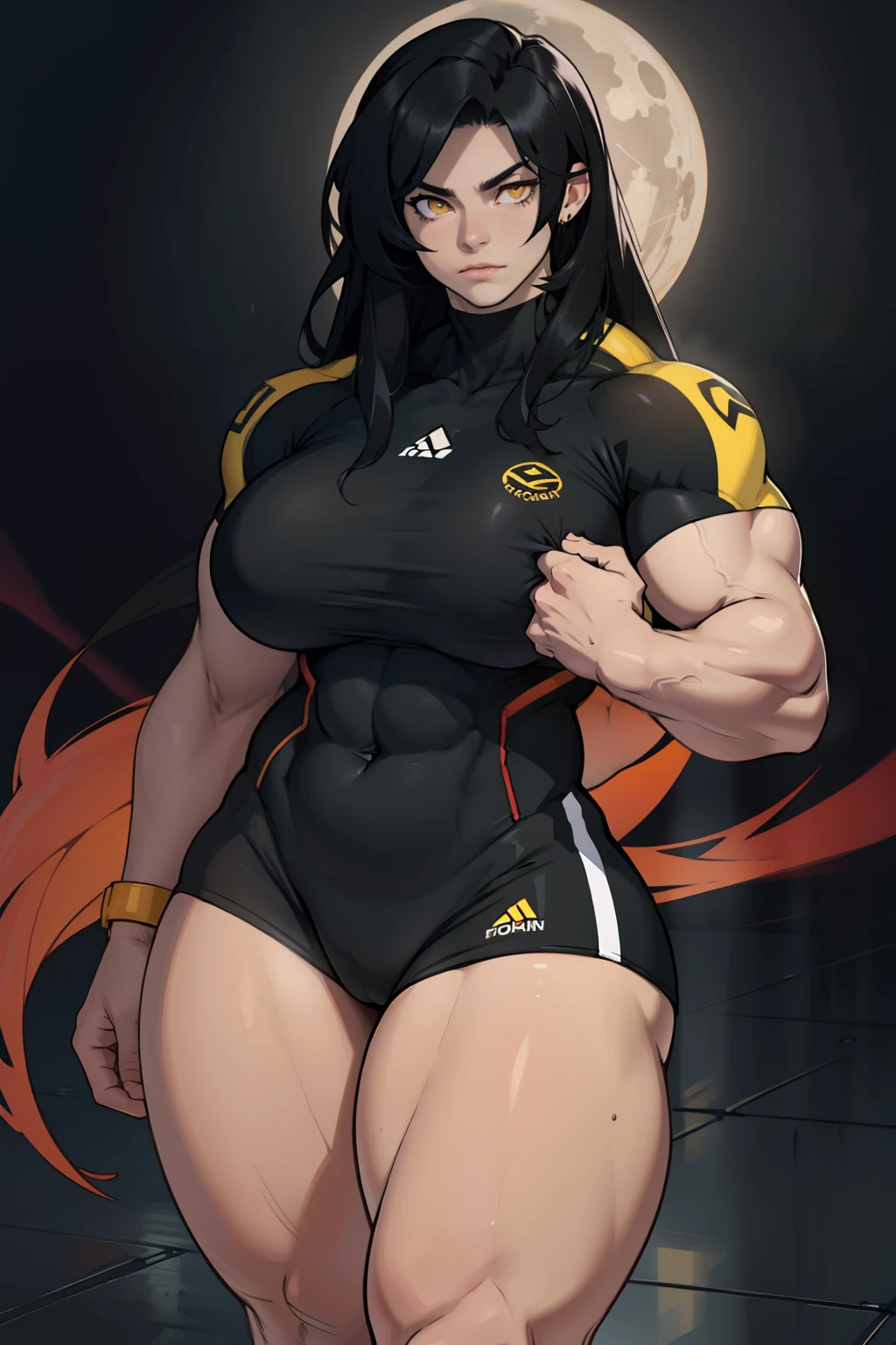 (bodybuilder) pale skin yellow eyes black hair very long hair 1girl huge breasts dark atmosphere thick thighs simple background