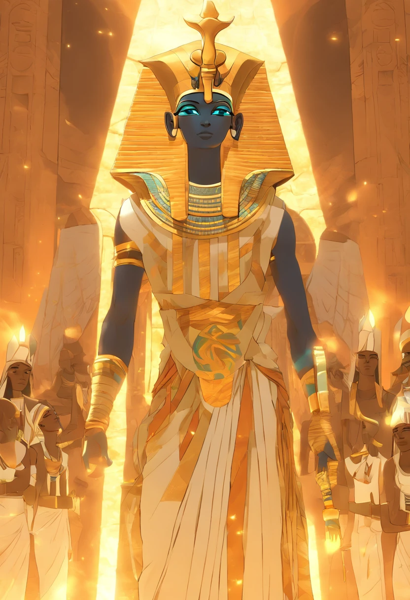 (((Osiris))) best quality, very high resolution, 4K detailed CG, masterpiece, Egyptian mythology, Osiris,Egyptian temple,Ancient Egypt,sunlight,white clothes, Egyptian clothes, desert,mummy, (( standing pose)), aesthetics, Beautiful image, centered on the screen
