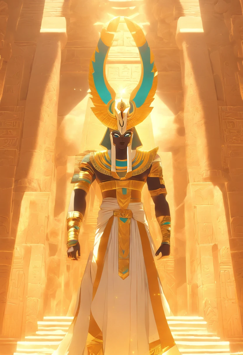 (((Osiris))) best quality, very high resolution, 4K detailed CG, masterpiece, Egyptian mythology, Osiris,Egyptian temple,Ancient Egypt,sunlight,white clothes, Egyptian clothes, desert,mummy, (( standing pose)), aesthetics, Beautiful image, centered on the screen