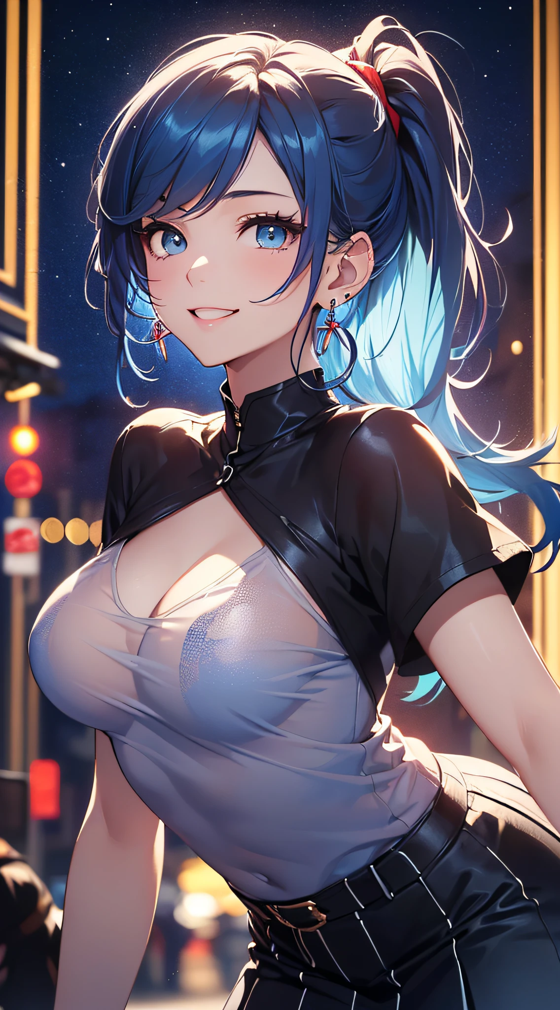 top-quality、Top image quality、masterpiece、girl with((18year old、Best Bust、Medium bust、Bust 85,Beautiful blue eyes、Breasts wide open,Black Short Sleeve T-Shirt、White see-through、Black short skirt、Ponytail with black hair、Smile Face、Beautiful blue earrings、A slender、Height 175cm,Leaning forward、Blue hair mesh、Poses that emphasize the chest))hiquality、Beautiful Art、Background with((Red and blue lighting、beautiful night scene、parade)),masutepiece、Elaborate design、visualart、depth of fields、The best lighting、highestdetailed、8k