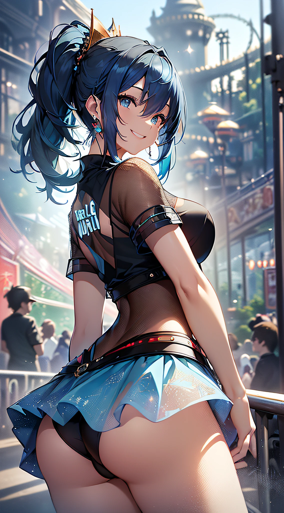 top-quality、Top image quality、masterpiece、girl with((18year old、Best Bust、Medium bust、Bust 85,Beautiful blue eyes、Breasts wide open,Black Short Sleeve T-Shirt、White see-through、Black short skirt、Ponytail with black hair、Smile Face、What is plantain?、Beautiful blue earrings、emphasis on the buttocks、A slender、Height 175cm,posterior view、Leaning forward、Blue hair mesh))hiquality、Beautiful Art、Background with((Night amusement park、Red and blue lighting、Disney land、parade)),masutepiece、Elaborate design、visualart、depth of fields、The best lighting、highestdetailed、