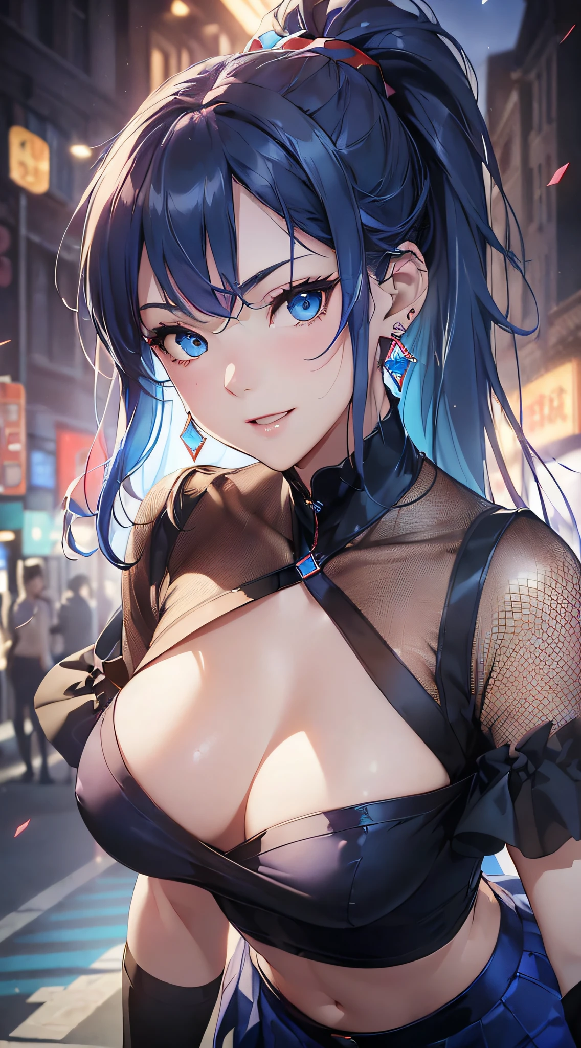 top-quality、Top image quality、​masterpiece、girl with((18year old、Best Bust、Medium bust、Bust 85,Beautiful blue eyes、Breasts wide open,Black Short Sleeve T-Shirt、White see-through、Black short skirt、Ponytail with black hair、Smile Face、Beautiful blue earrings、A slender、Height 175cm,Leaning forward、Blue hair mesh、Poses that emphasize the chest)）hiquality、Beautiful Art、Background with((Red and blue lighting、beautiful night scene、parade)),masutepiece、Elaborate design、visualart、depth of fields、The best lighting、highestdetailed、8ｋ