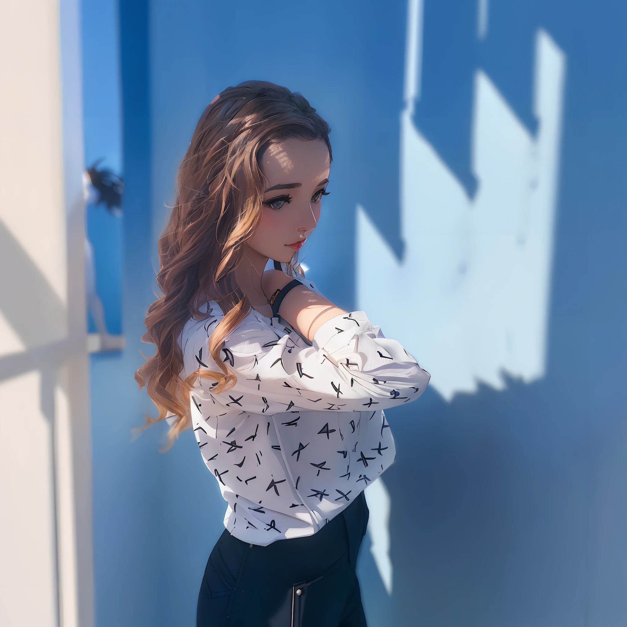 Woman in white shirt and black pants standing in front of blue wall, Pokimane, Random Pose, On a sunny day, on a bright day, In the sun, leaning on the wall, On a sunny day, in sunny weather, anna nikonova aka newmilky, very accurate photo, Leaning against the wall