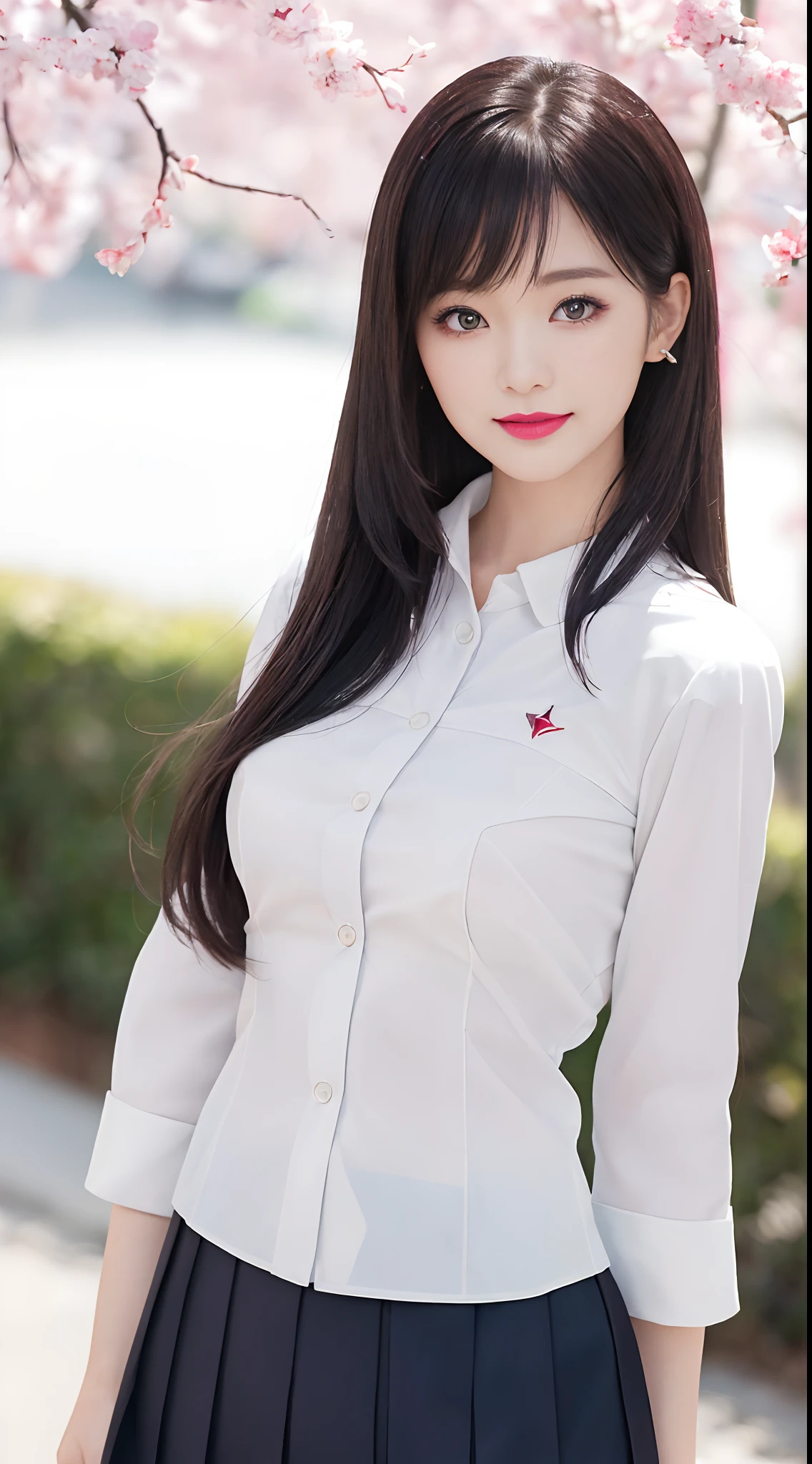 ((Best Quality, 8K, Masterpiece: 1.3)), Super Cute Beautiful Woman, 1 Girl, (Beautiful Breasts:1.3), (Abs, Slender Figure: 1.1), Sharp Focus, (((Intricate Details)), High Detail, Upper Body, One Girl, Black Straight Hair with bangs, Japan Schoolgirl Uniform, White sailor clothes, navy Pleats Skirt, knee-length skirt, 8K, 8K Resolution, clean detailed face, Detailed Body, Detailed Clothes, Sharp Images, Japan Anime Concept Art, trending on Pixiv, looking the viewer, facing the viewer, seductive model pose, seductive smile, pink lipstick, bokeh, field of depth, 8 life size, 8k resolution, upper body image, shot on EOS 5D Mark IV, 35mm lens, f1.8,