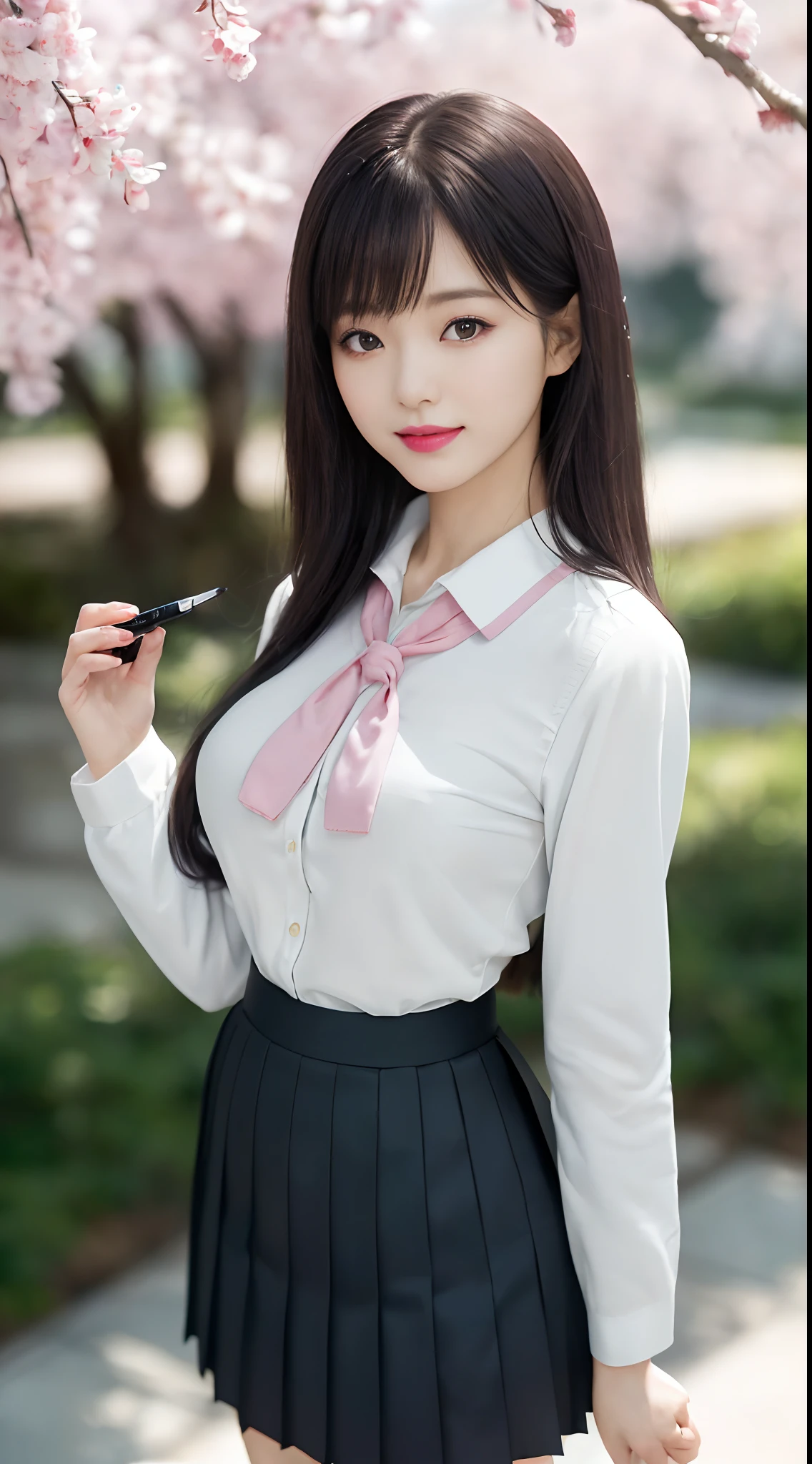 ((Best Quality, 8K, Masterpiece: 1.3)), Super Cute Beautiful Woman, 1 Girl, (Beautiful Breasts:1.3), (Abs, Slender Figure: 1.1), Sharp Focus, (((Intricate Details)), High Detail, Upper Body, One Girl, Black Straight Hair with bangs, Japan Schoolgirl Uniform, White sailor clothes, navy Pleats Skirt, knee-length skirt, 8K, 8K Resolution, clean detailed face, Detailed Body, Detailed Clothes, Sharp Images, Japan Anime Concept Art, trending on Pixiv, looking the viewer, facing the viewer, seductive model pose, seductive smile, pink lipstick, bokeh, field of depth, 8 life size, 8k resolution, upper body image, shot on EOS 5D Mark IV, 35mm lens, f1.8,