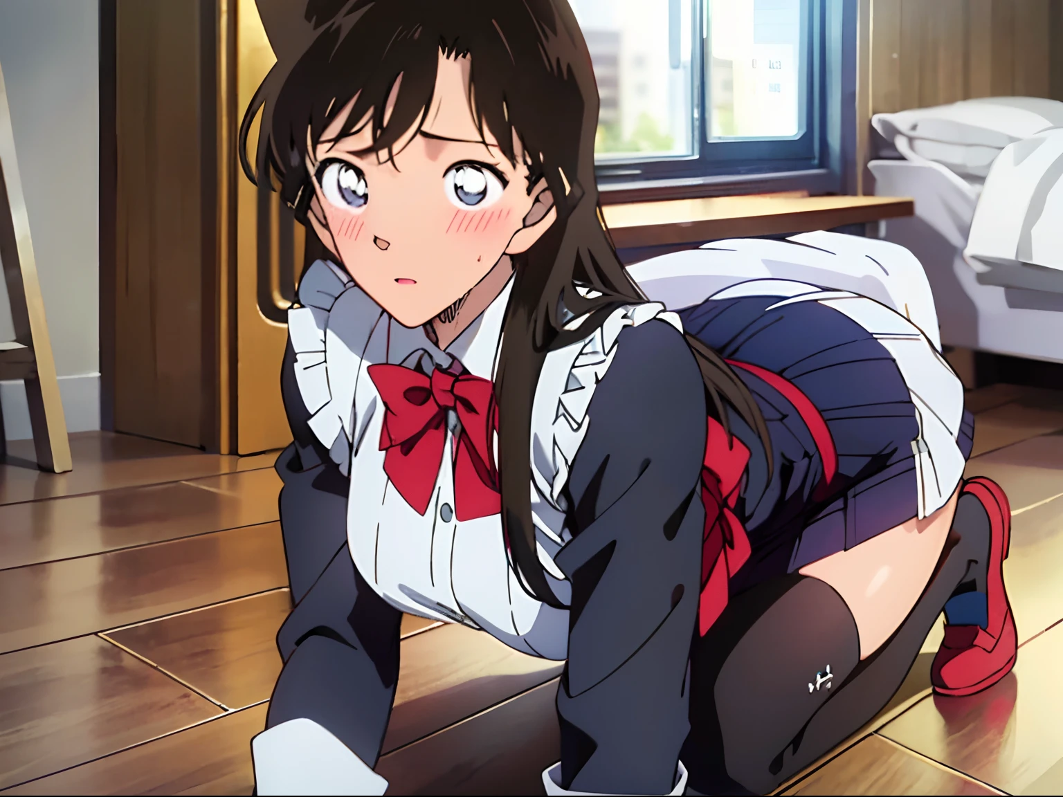 ultra realistic 8k cg, Masterpiece, Best quality, (Photorealistic:1.4),Beautiful lighting, absurderes,Mori Ran， Black hair，Long hair, Solo,JK school uniform，Student Clothing，School Uniform， beautiful detailed lips, (Medium breasts),（perspire，Be red in the face，Blush：1.5）High definition, High quality, Detailed face, detailed body render, 1girll, Solo, ,Room,, Black tight-fitting dress), Blush, (in a  bedroom)，Leaky legs，black lence stockings，Blush：1.5，Kneel on the floor，The expression of desire，