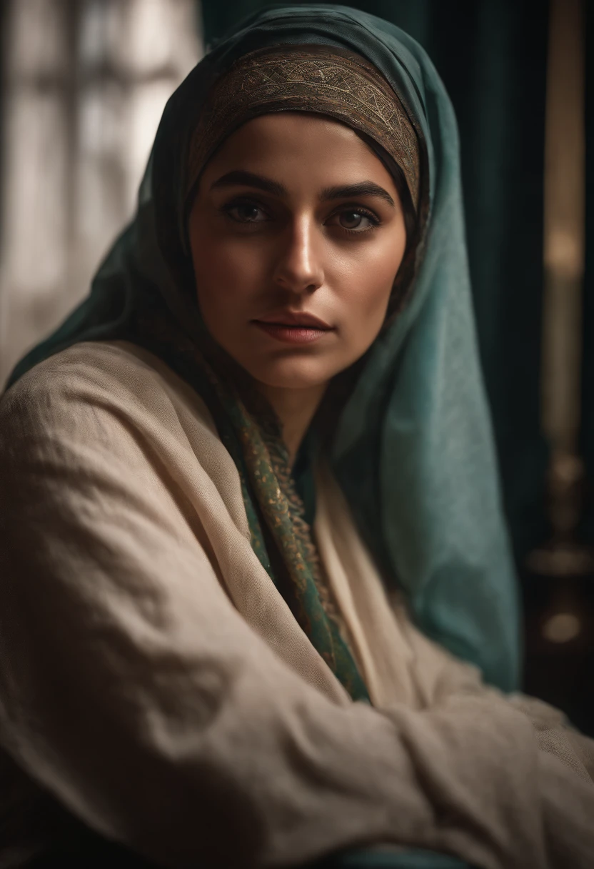 Hyperrealistic Palestinian Terrorist Portrait by David Hockney and Alphonse Mucha, Fantasy Art, Photo Realistic, Dynamic Lighting, Artstation, Poster, Volumetric Lighting, Very Detailed Faces, 4K, Award-winning,, 1girl, in the dark, deep shadow, low-key,