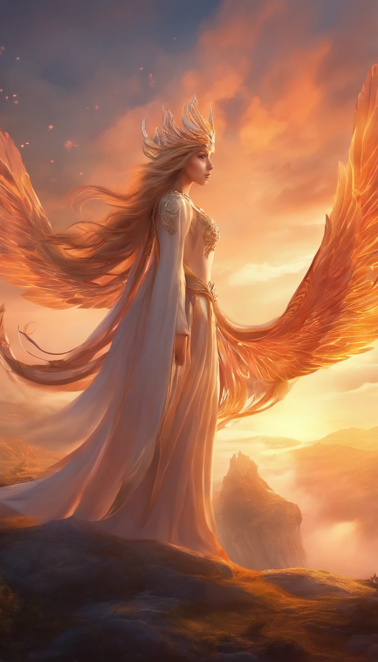 （Anthropomorphic as a fairy with many tails）, Fox, nine tail fox, Beautiful, magical, mysterious, Epic scenes, Scenes, Rembrandt in stormy style sky, Misty, the sunset, Dramatic lighting, Light, Amount of light, diffuse light, wide angles, illusory engine, Detailed, 3 d rendered, Action scenes, Photography Unreal Engine, octanerender,