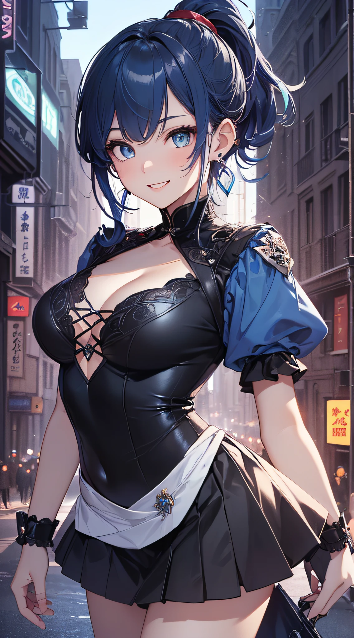 top-quality、Top image quality、​masterpiece、girl with((18year old、Best Bust、Medium bust、Bust 85,Beautiful blue eyes、Breasts wide open,Black Short Sleeve T-Shirt、White see-through、Black short skirt、Ponytail with black hair、Smile Face、Beautiful blue earrings、A slender、Height 175cm,Leaning forward、Blue hair mesh、Emphasize the chest)）hiquality、Beautiful Art、Background with((Red and blue lighting、beautiful night scene、parade)),masutepiece、Elaborate design、visualart、depth of fields、The best lighting、highestdetailed、8ｋ