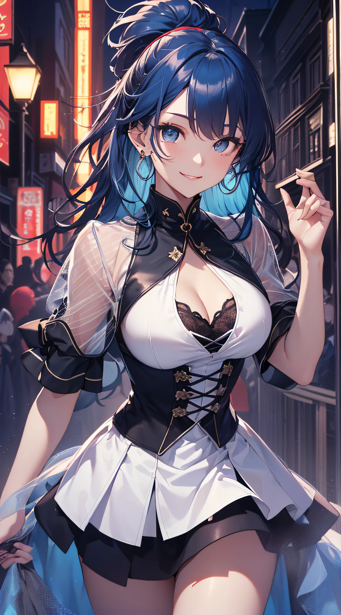 top-quality、Top image quality、masterpiece、girl with((18year old、Best Bust、Medium bust、Bust 85,Beautiful blue eyes、Breasts wide open,Black Short Sleeve T-Shirt、White see-through、Black short skirt、Ponytail with black hair、Smile Face、Beautiful blue earrings、A slender、Height 175cm,Leaning forward、Blue hair mesh、Emphasize the chest))hiquality、Beautiful Art、Background with((Red and blue lighting、beautiful night scene、parade)),masutepiece、Elaborate design、visualart、depth of fields、The best lighting、highestdetailed、8k