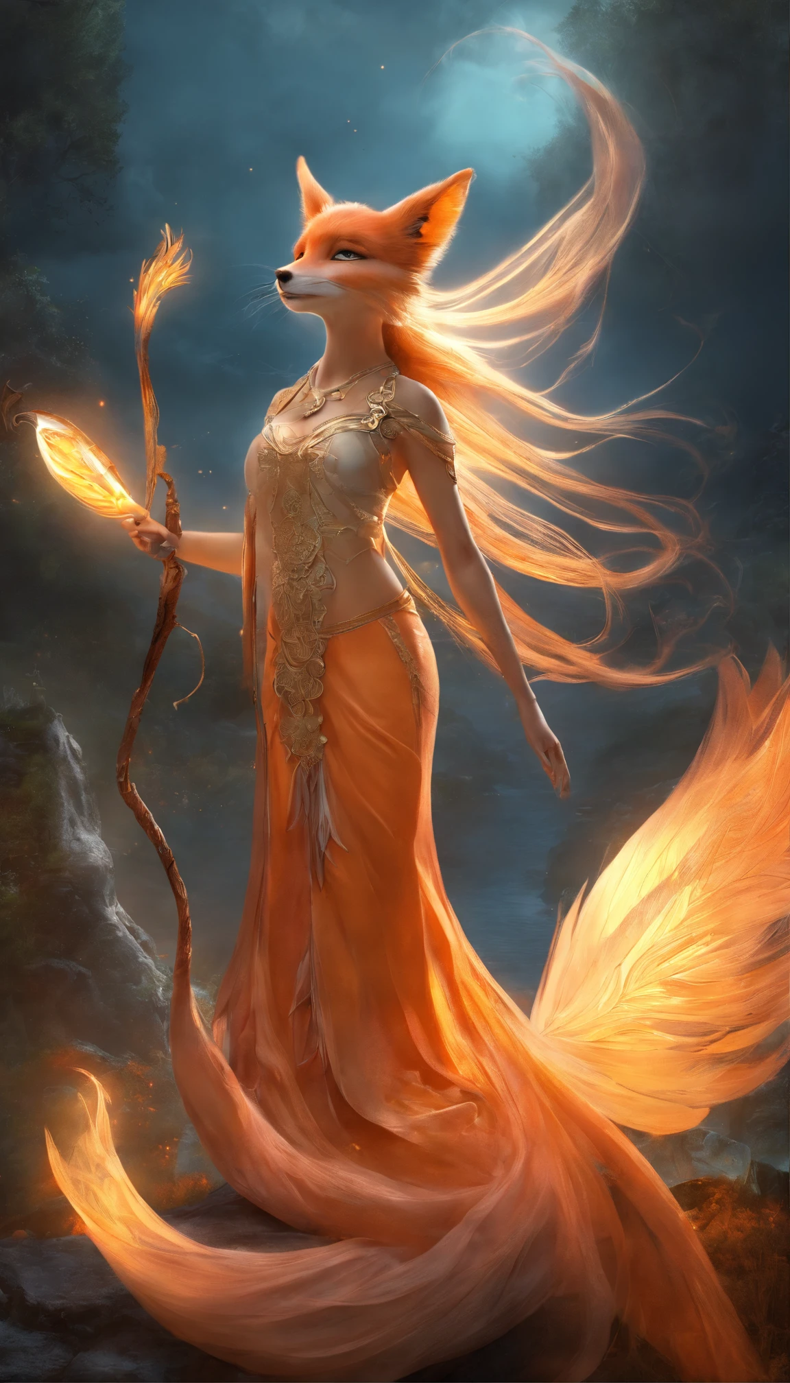 (personified a fox fairy with many tails), Fox, nine tail fox, Beautiful, magical, mysterious, Epic scenes, Scenes, Rembrandt in stormy style sky, Misty, the sunset, Dramatic lighting, Light, Amount of light, diffuse light, wide angles, illusory engine, Detailed, 3 d rendered, Action scenes, Photography Unreal Engine, octanerender,