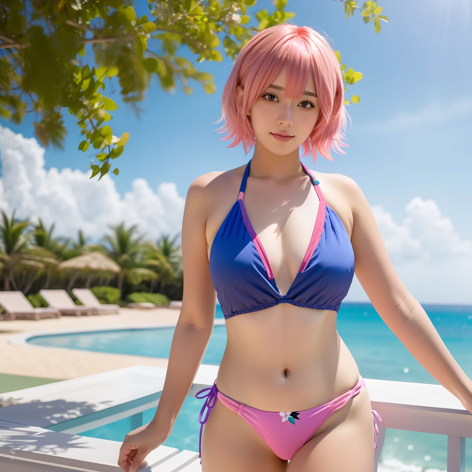 arafed woman in a bikini posing on a balcony near the ocean, wearing a swimming wear, cute girl with short pink hair, real life anime girl, Anime girl cosplay, wearing two - piece swimsuit, realistic bikini, Ayaka Cosplay, Cute Bikini, Anime Cosplay, from one piece, Swimsuit, With pink hair, monokini, charming anime girls,8K,realisitic