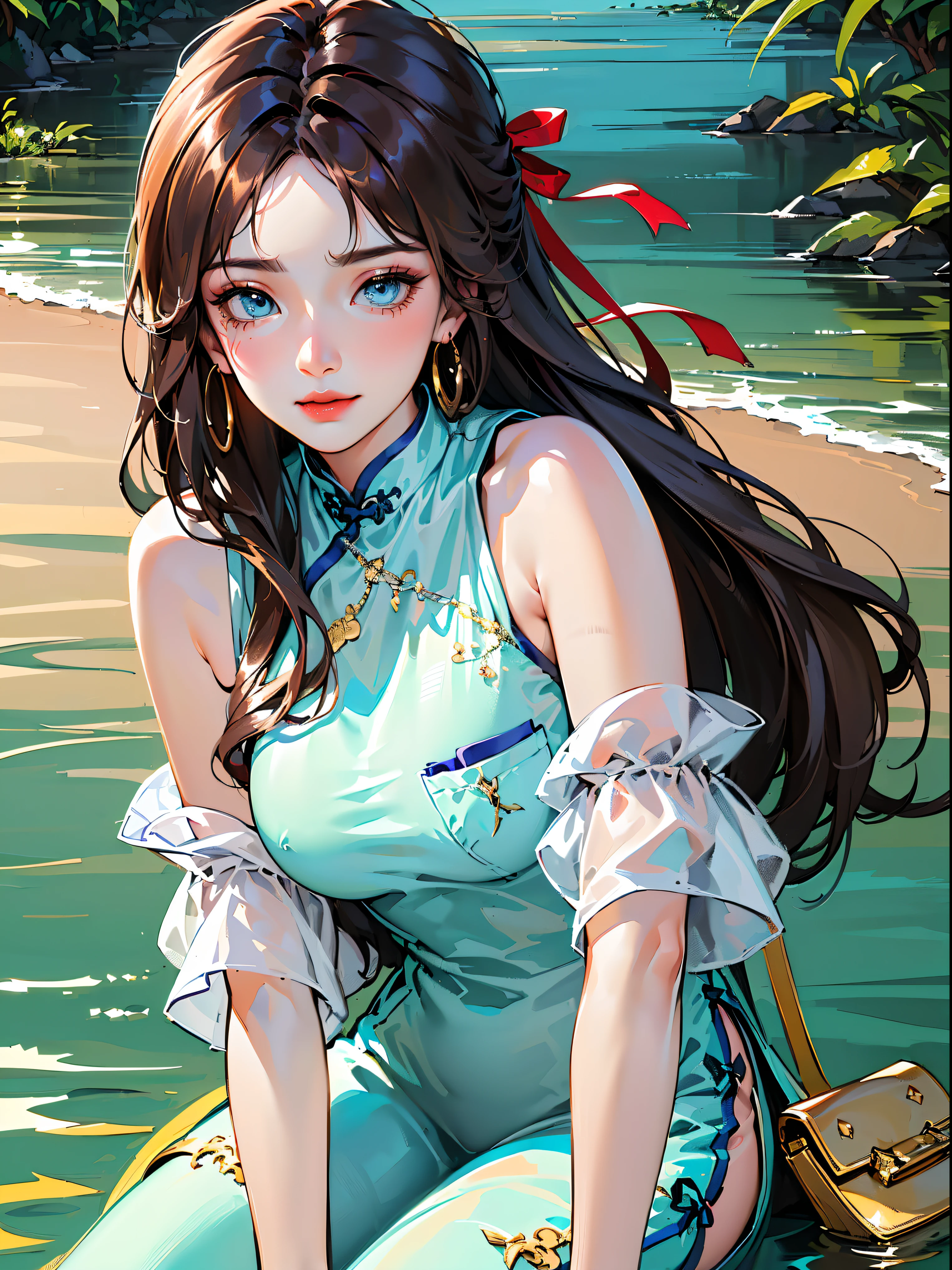 (((((((Chinese ink painting，psychedelic watercolor painting,Traditional Chinese cheongsam,Beautiful Hanfu,Blushing,Watery cheeks,Natural curls,Disheveled hair,Natural brown hair,double tails，A MILF，baggy clothes，Transparent cuffs，breast pocket))))))，((1girll,Solo,Solo,Solo,Amazing,focus onface,Sharp focus,Cute Korean mixed-race girl，rosto magro，Solo,))(Masterpiece,Best quality, offcial art, Beautiful and aesthetic:1.2),((超高分辨率,Golden ratio,)) (16k),((From above，Busty)),(Physically-based rendering),(((highdetailskin,))),intricate outfits，((Hibiscus face,)),((((detailed hairs,Long hair|Thin side bangs)))),Slender,(masterpiece sidelighting),(The sheen),(Inky hair,Beautiful hair,Beautiful eyes,）[[Delicate fingers and hands:0.55]::0.85],(Detail fingers),(((Superior quality,)))),((unbelievable Ridiculous,)),((extremely_Detailed_Eyes_and_face)),Movie girl,(Dynamic configuration: 1.2),Brilliant,Glossy, (Photorealistic), ((tress ribbon)),