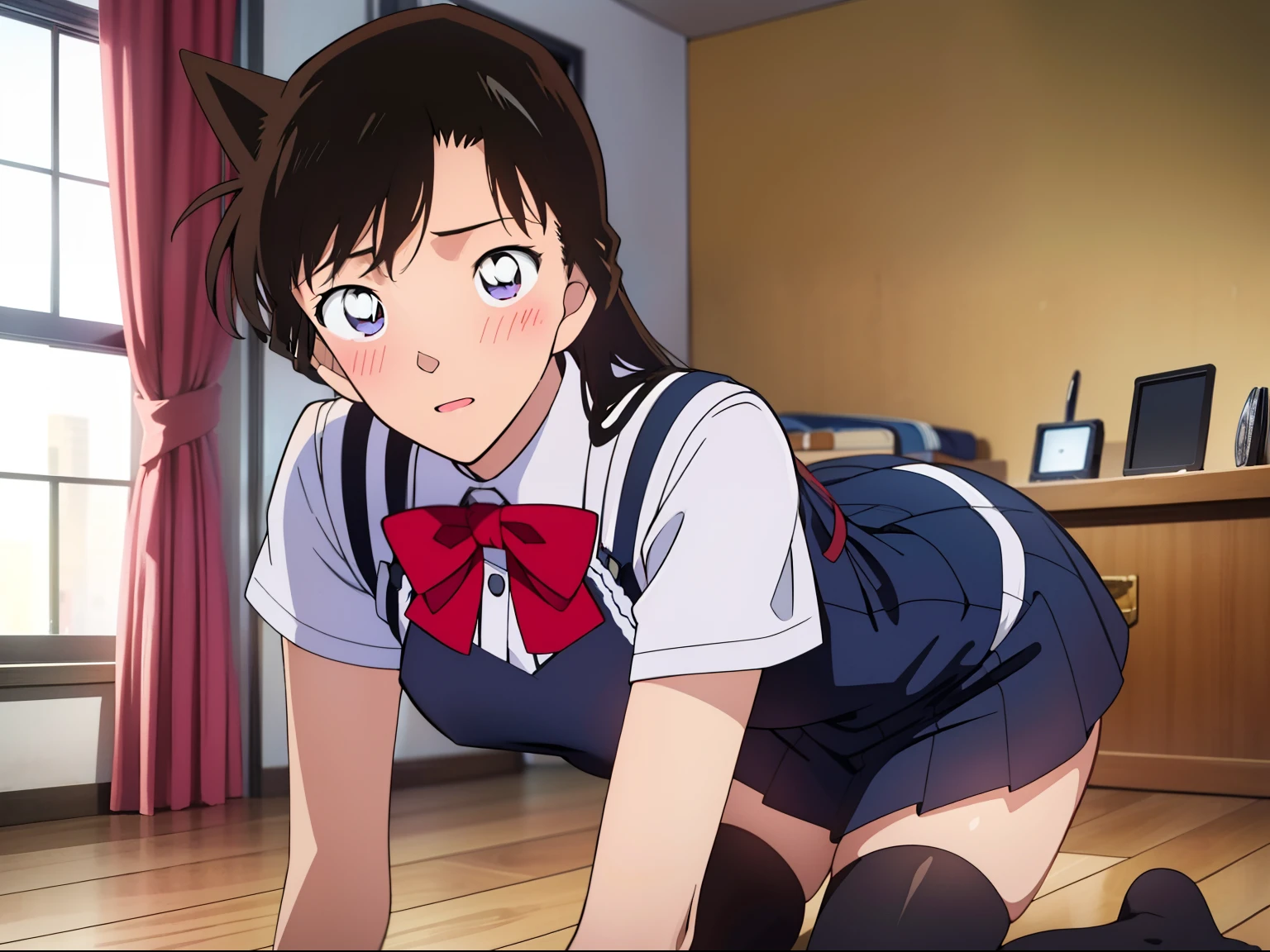 ultra realistic 8k cg, Masterpiece, Best quality, (Photorealistic:1.4),Beautiful lighting, absurderes,Mori Ran， Black hair，Long hair, Solo,JK school uniform，Student Clothing，School Uniform， beautiful detailed lips, (Medium breasts),（perspire，Be red in the face，Blush：1.5）High definition, High quality, Detailed face, detailed body render, 1girll, Solo, ,Room,, Black tight-fitting dress), Blush, (in a  bedroom)，Leaky legs，black lence stockings，Blush：1.5，Kneel on the floor，The expression of desire，