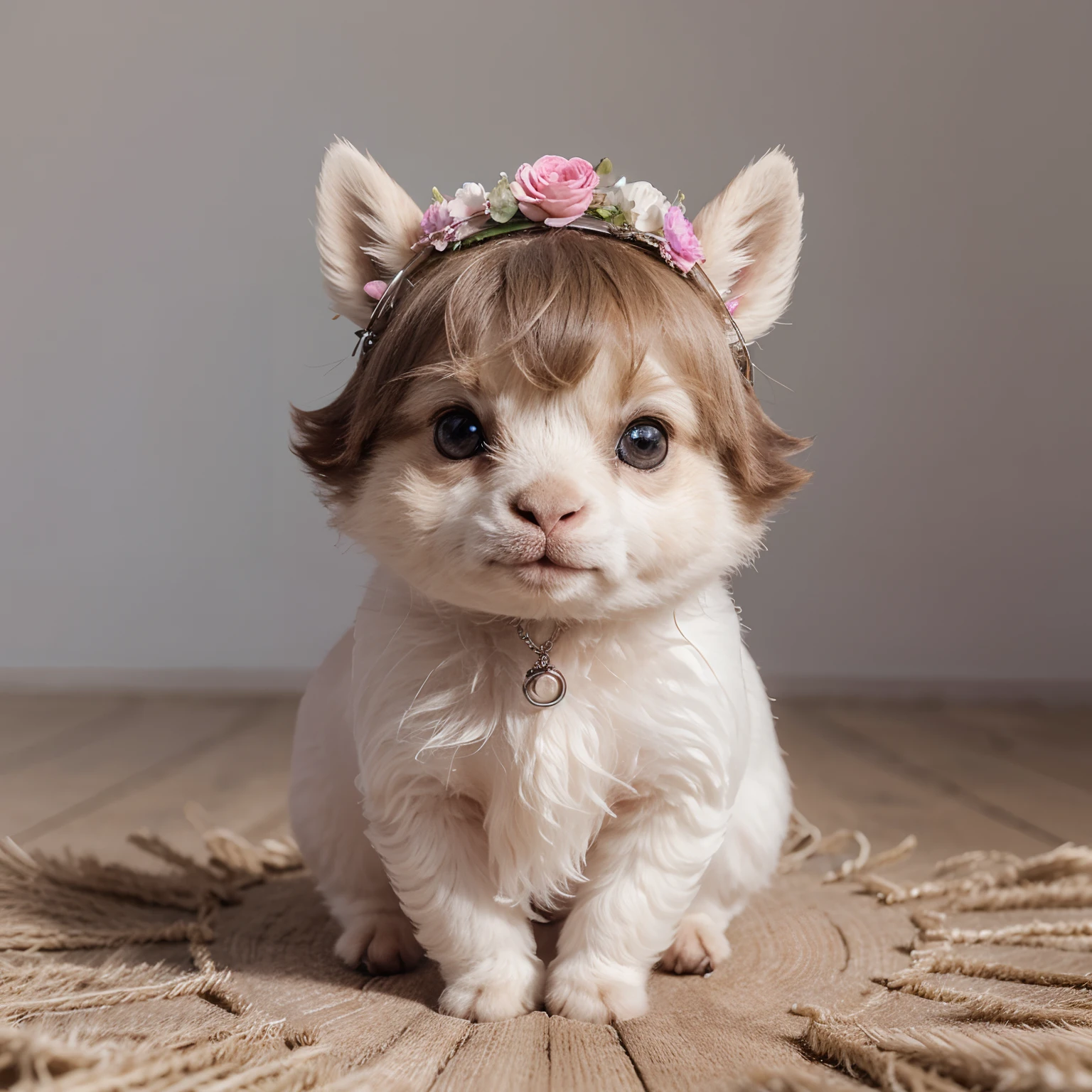 cute tiny hyperrealistic baby llama animal with different color eyes waring beautiful pastel colored flower crown, Chibi, adorable and fluffy, logo design, cartoon, cinematic lighting effect, charming, 3D vector art, cute and quirky, fantasy art, bokeh, hand-drawn, digital painting, soft lighting, isometric style, 4K resolution, photorealistic rendering, highly detailed clean, vector image, photorealistic masterpiece, professional photography, simple space backdrop, flat white background, isometric, vibrant vector