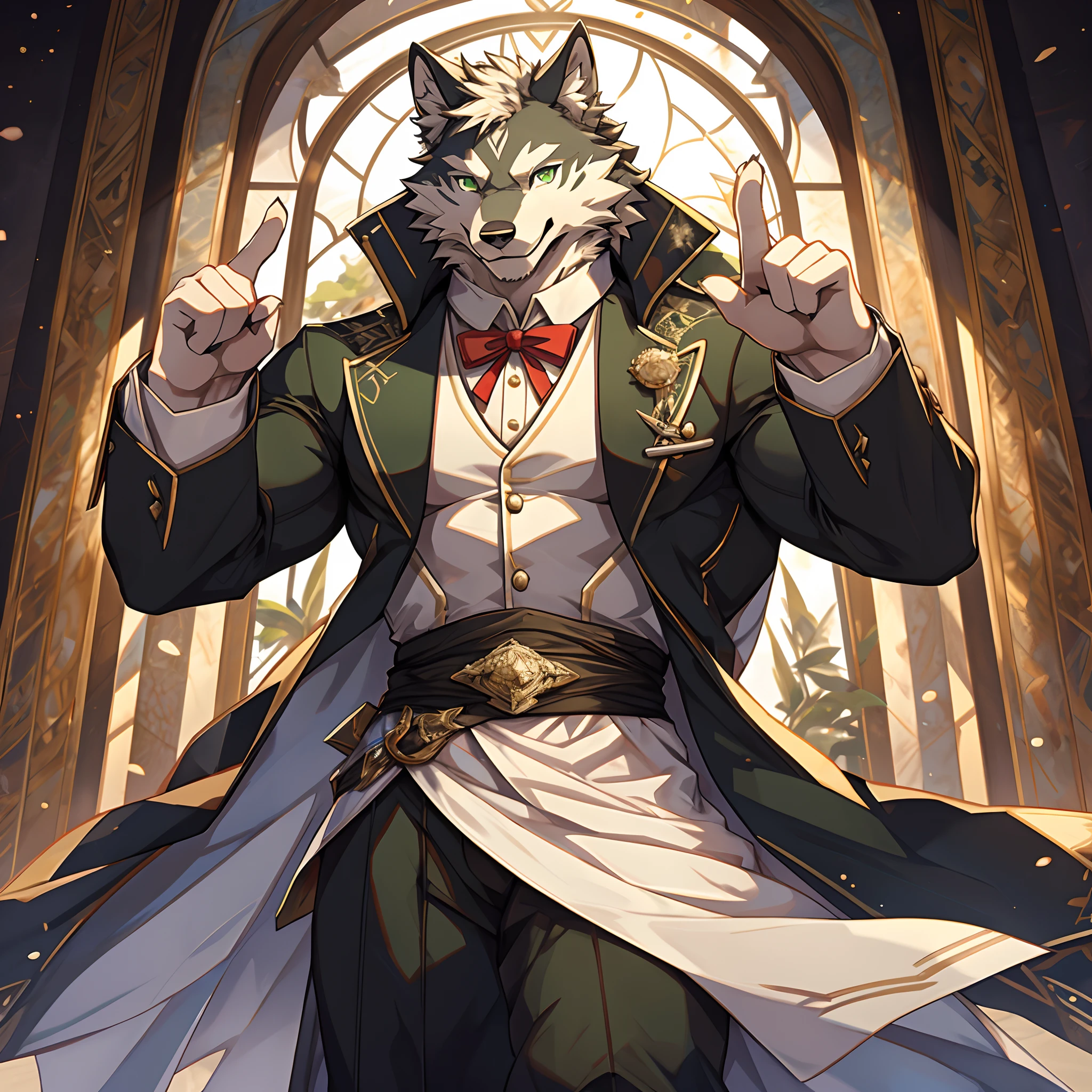 a white wolf with shiny green eyes, wearing a battle butler outfit, confidently gazing at the viewer, with a receiving gesture, a smile on its face, showing its lean muscles, and furry wolf paws. (best quality, masterpiece:1.2), ultra-detailed and realistic.