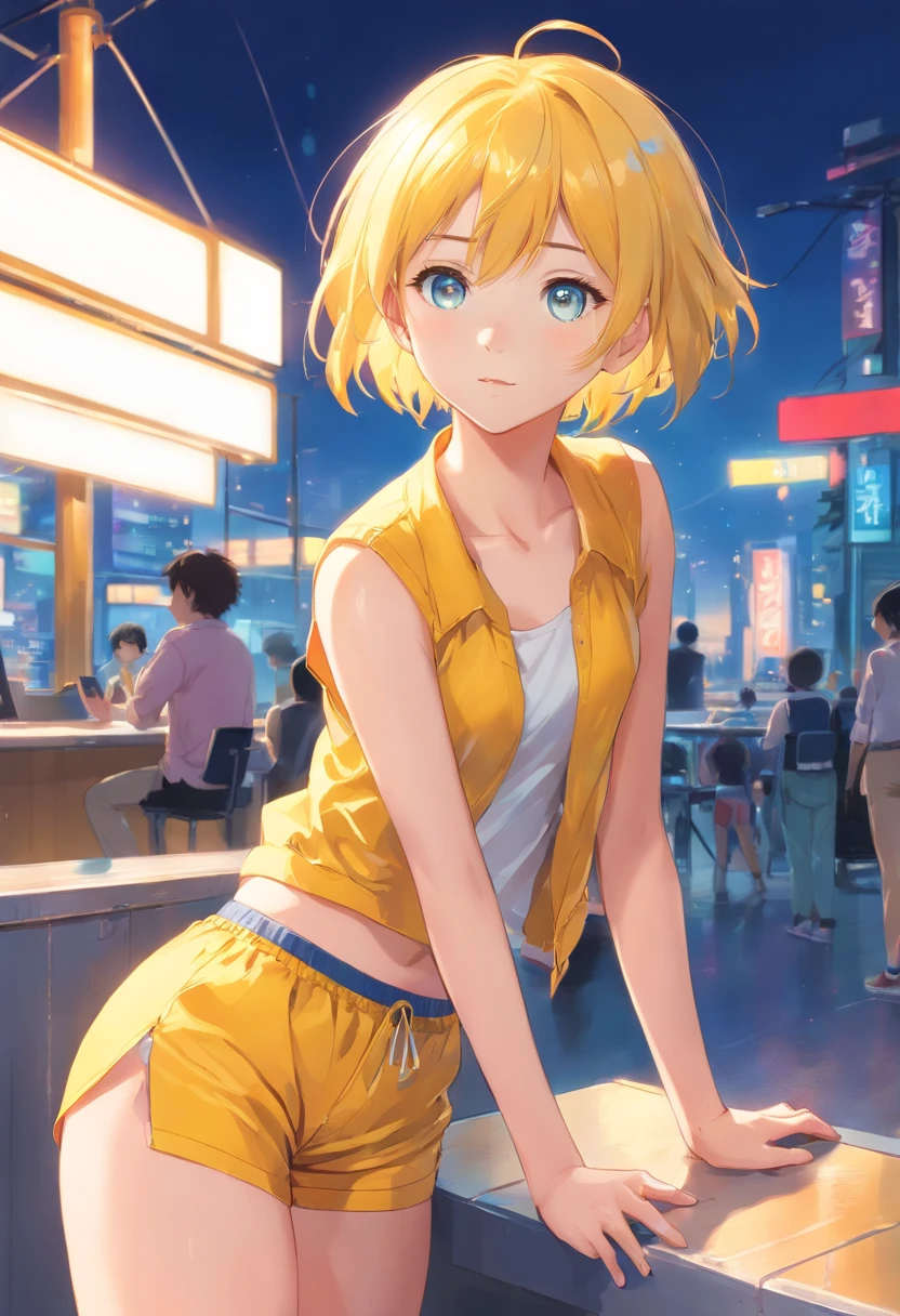 (Ultra-detailed,Realistic),Kira Bernstein, (beautiful detail eyes,vibrant blue eyes), (Short hair,silky smooth short hair), (yellow hair,Perfectly styled yellow hair) , tight shorts , wide thighs , big breastes
