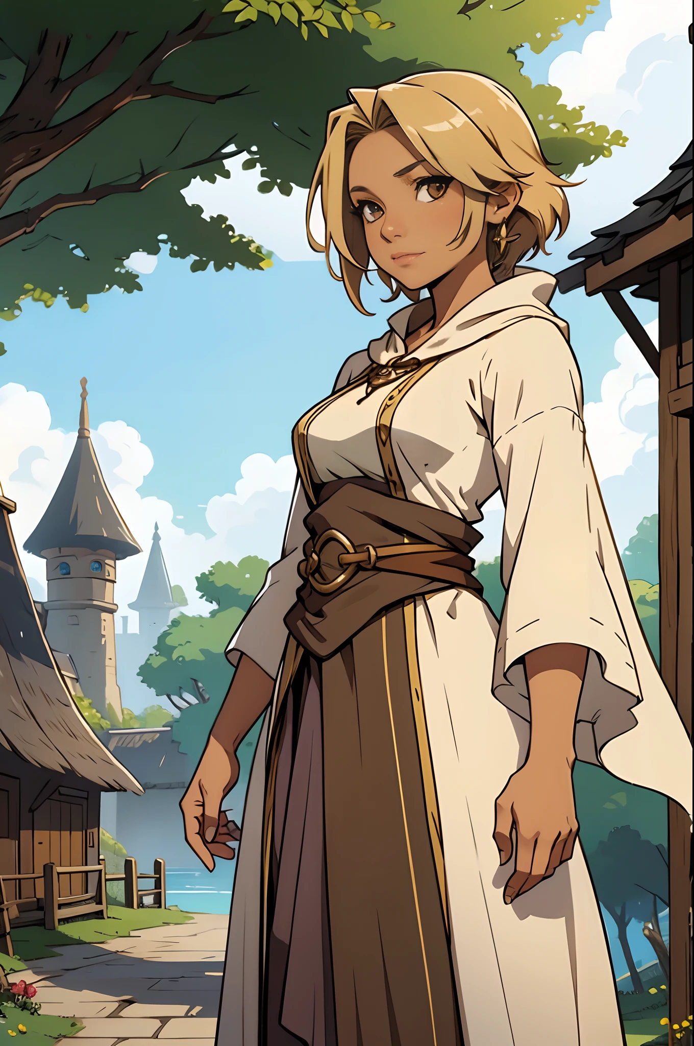Solo, female, bard, standing, looking at viewer, tan skin, fantasy village, linen tunic, cloak, mature, medium breasts