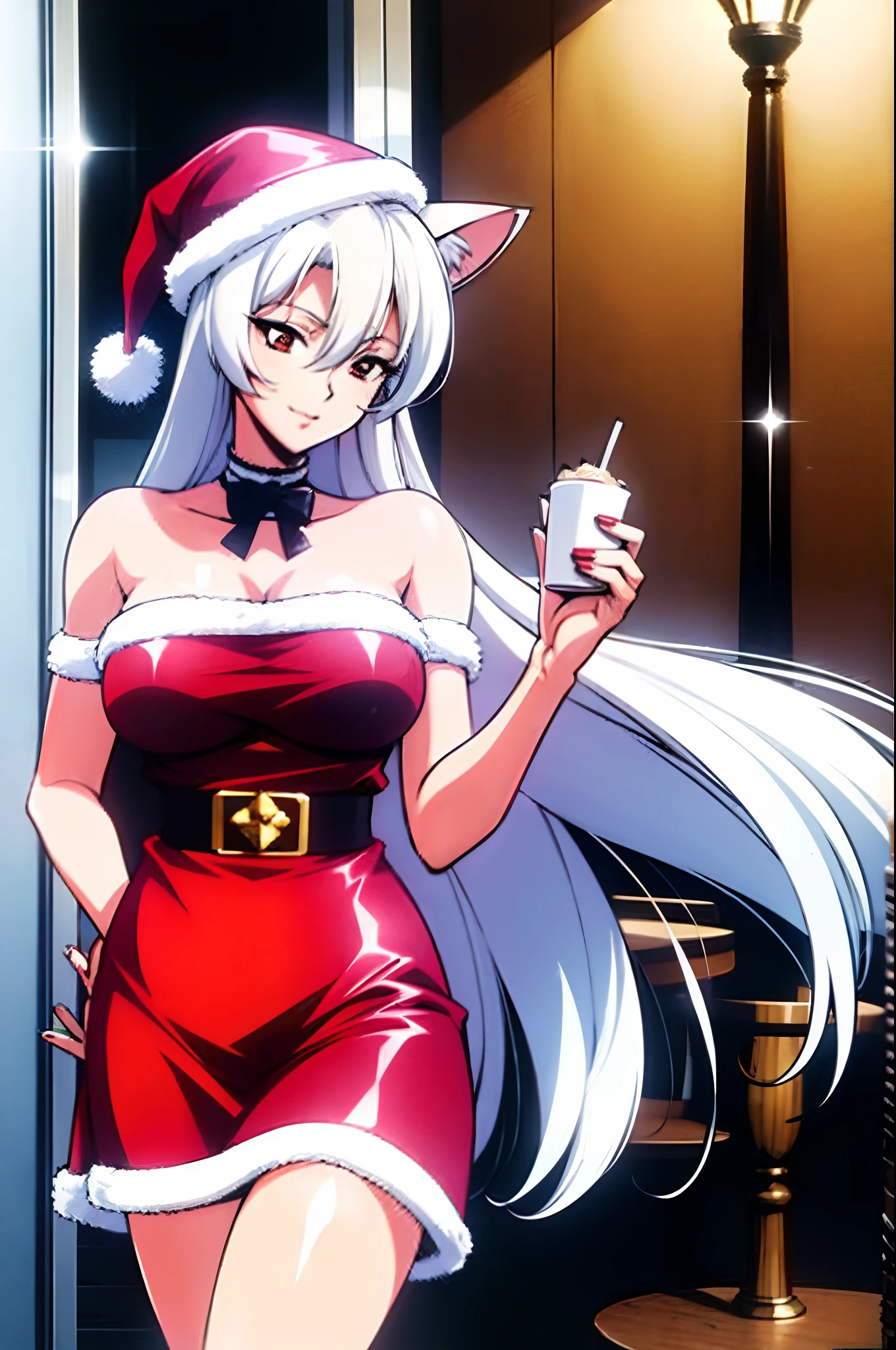 Mature adult humanoid female sexy santa tanuki woman with white cat ears and white holofoil hair, at a cafe