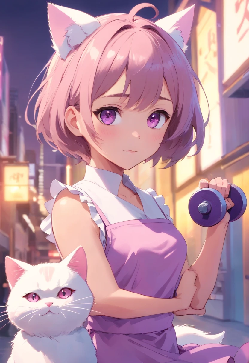 Girl with short hair with white cat ears，Pink pupil of left eye，Light purple pupil of the right eye，Dressed in a brown maid outfit，Fitness with a small dumbbell in hand