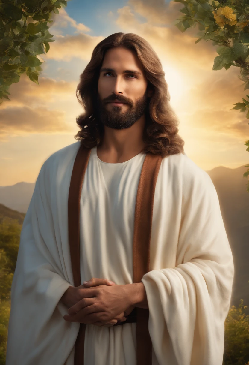 Jesus Christ is standing on a hill, Looking at the horizon. He is wearing a white robe and a blue robe..., and his hair is long and dark. He has a beard and a mustache, and his eyes are blue. He is smiling, and his expression is one of love and compassion.
the sun is shining, and the clouds are white and fluffy. The air is filled with the sound of birds chirping. The landscape is beautiful, with mountains, rivers and forests.
Jesus is an imposing and majestic figure. He is the son of God, and He came to Earth to save humans from their sins. He is a divine being, and he is worthy of our worship.