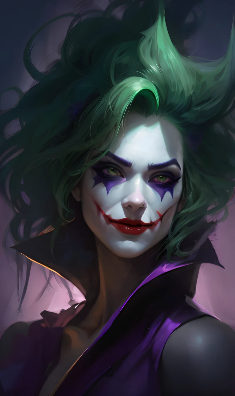 (1 female character), Zatana casting a powerful spell, (1 female character), the Joker turning into a beautiful woman, (1 female character), Harley Quinn watching with intense desire, magic aura, dark and mysterious atmosphere. --auto --s2
