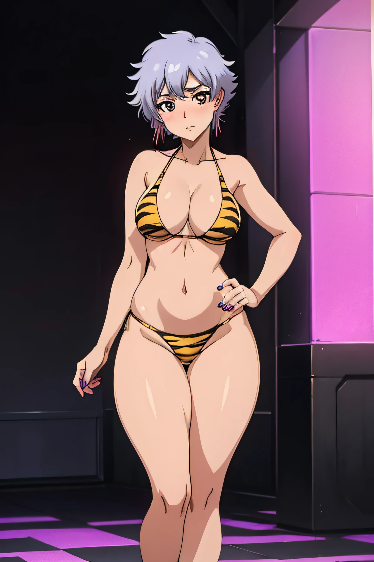 beautiful, masterpiece, best quality, perfect lighting, key visual,anime coloring,solo,isane_kotetsu,full shot, looking at the viewer, blushing, seducing, black eyes, earrings,curvy,nails,bare shoulders,bare arms,medium breasts, thick thighs,wide hips, toned hips,beautiful navel, highleg string tiger bikini, high heels, sandals,nightclub, dark lights, dance floor, pole