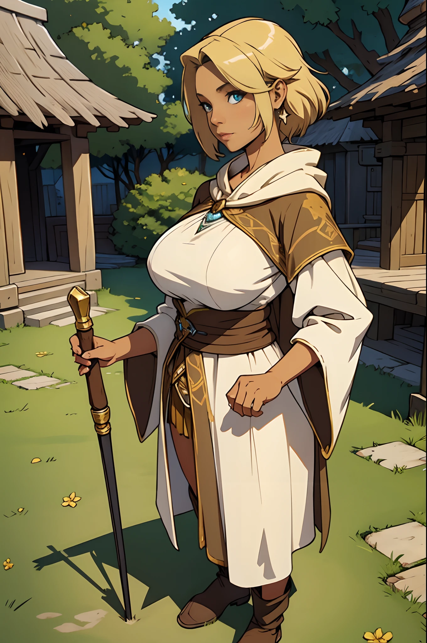 Solo, female, bard, standing, looking at viewer, tan skin, fantasy village, linen tunic, cloak, mature, big breasts