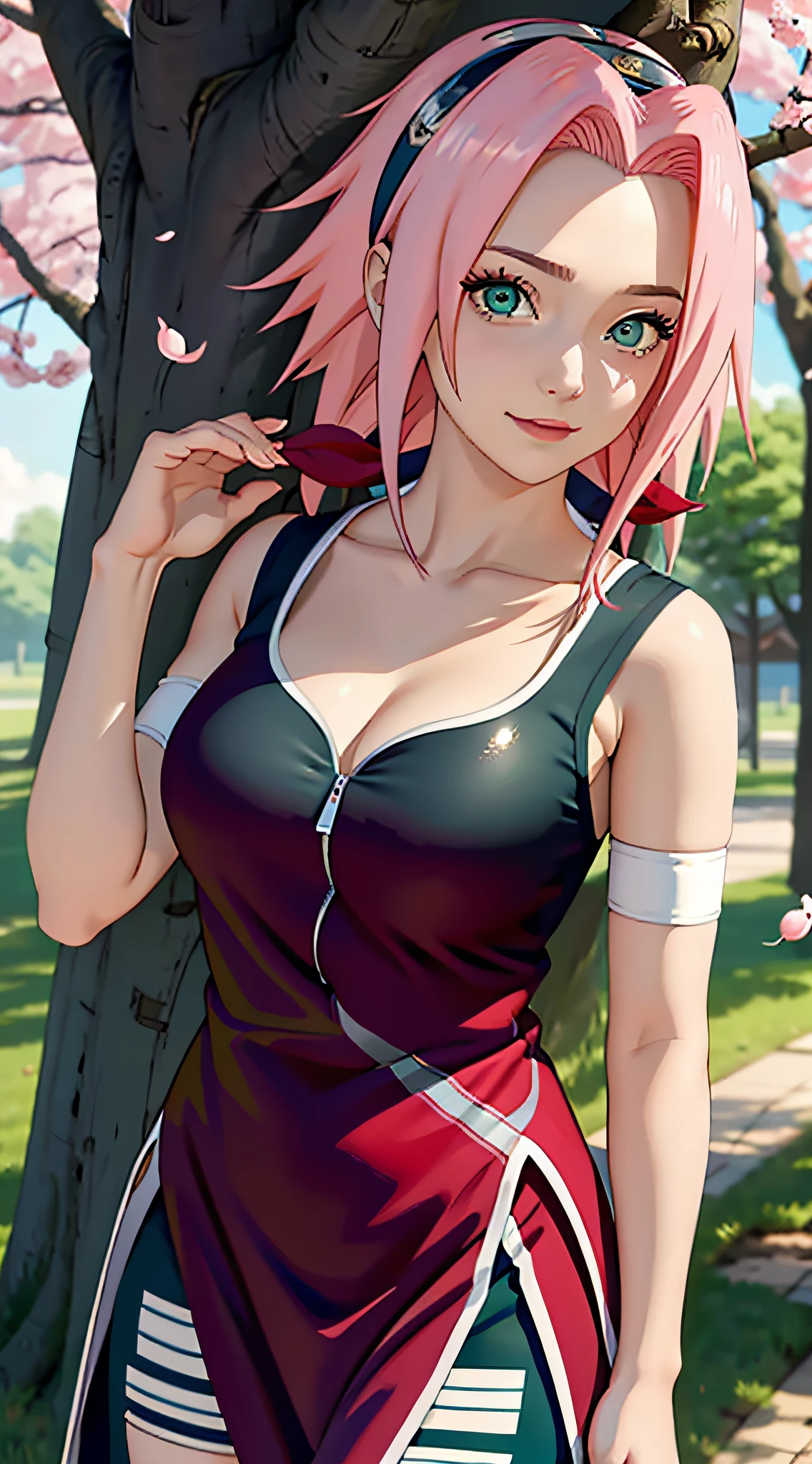 tmasterpiece, Best quality at best, 1girll, Sakura Haruno, Large breasts,Off-the-shoulder attire,(cleavage),(upperbody closeup),Raised sexy,is shy,ssmile,with pink hair, long whitr hair, (Green eyeballs:1.4), Forehead protection, the cherry trees,Cherry blossoms flying,Red clothes,Zipper half