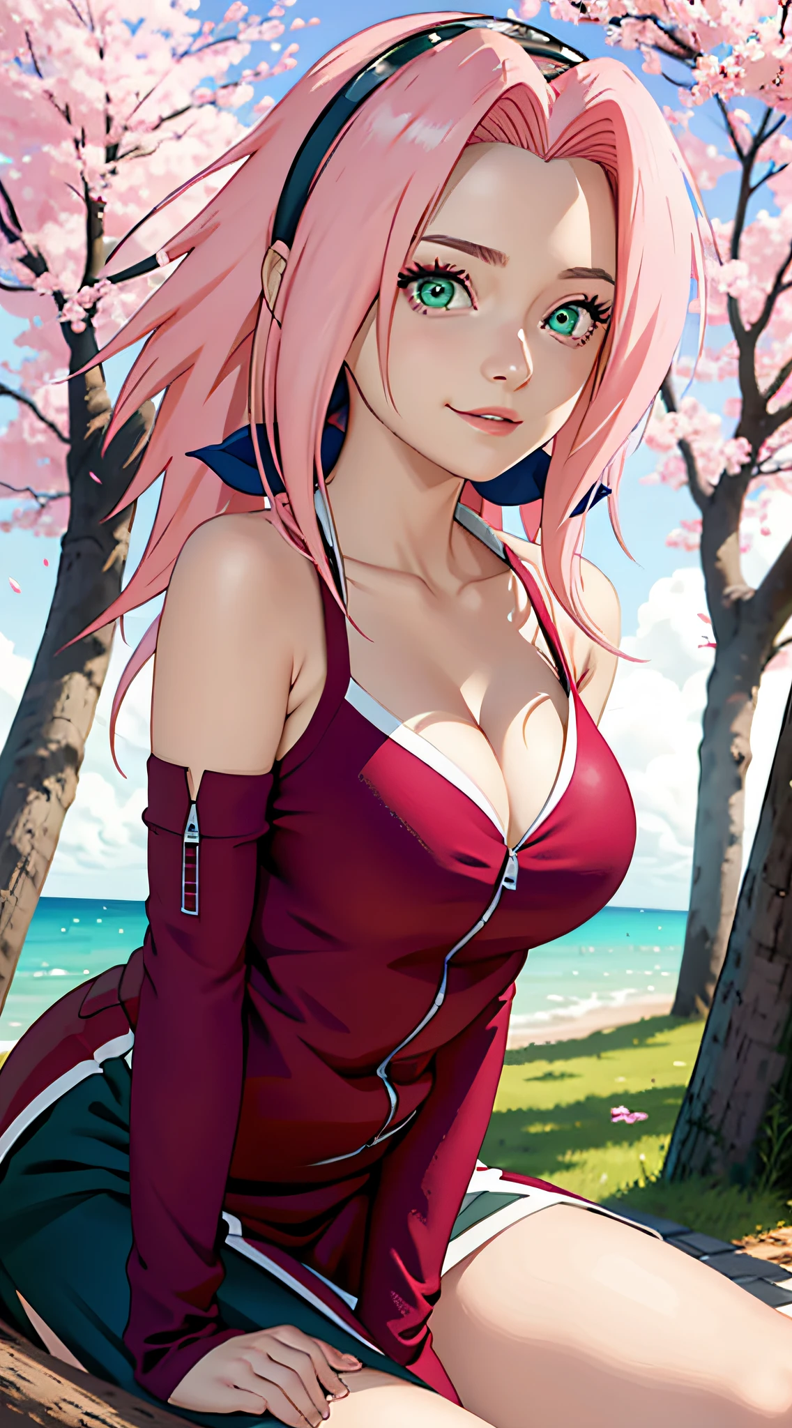 tmasterpiece, Best quality at best, 1girll, Sakura Haruno, Large breasts,Off-the-shoulder attire,(cleavage),(upperbody closeup),Raised sexy,is shy,ssmile,with pink hair, long whitr hair, (Green eyeballs:1.4), Forehead protection, the cherry trees,Cherry blossoms flying,Red clothes,Zipper half