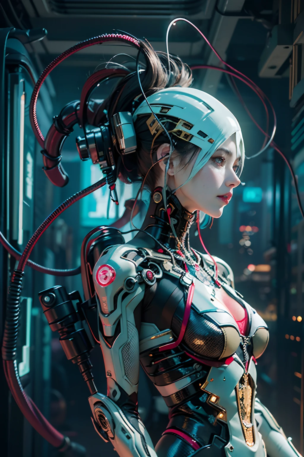 of the highest quality, masutepiece, Ultra High Resolution, ((Photorealistic: 1.4), Raw photo, 1 Cyberpunk Girl, Glossy skin, 1 Mechanical Girl, (super realistic details)), Mechanical limbs, Tubes connected to mechanical parts, Mechanical vertebrae attached to the spine, Mechanical cervical attachment to the neck, Wires and cables connecting to the head, Evangelion, Ghost in the Shell, Small glowing LED lamp, global lighting, Deep Shadows, Octane Rendering, 8K, bloom effect, ultrasharp, Metal, Intricate decoration details, Baroque style details, high intricate detailed, Realistic light, Trends in CG, Facing the camera, neon details, (android factory on background), Art by H.r. Giger and Alphonse Mucha.