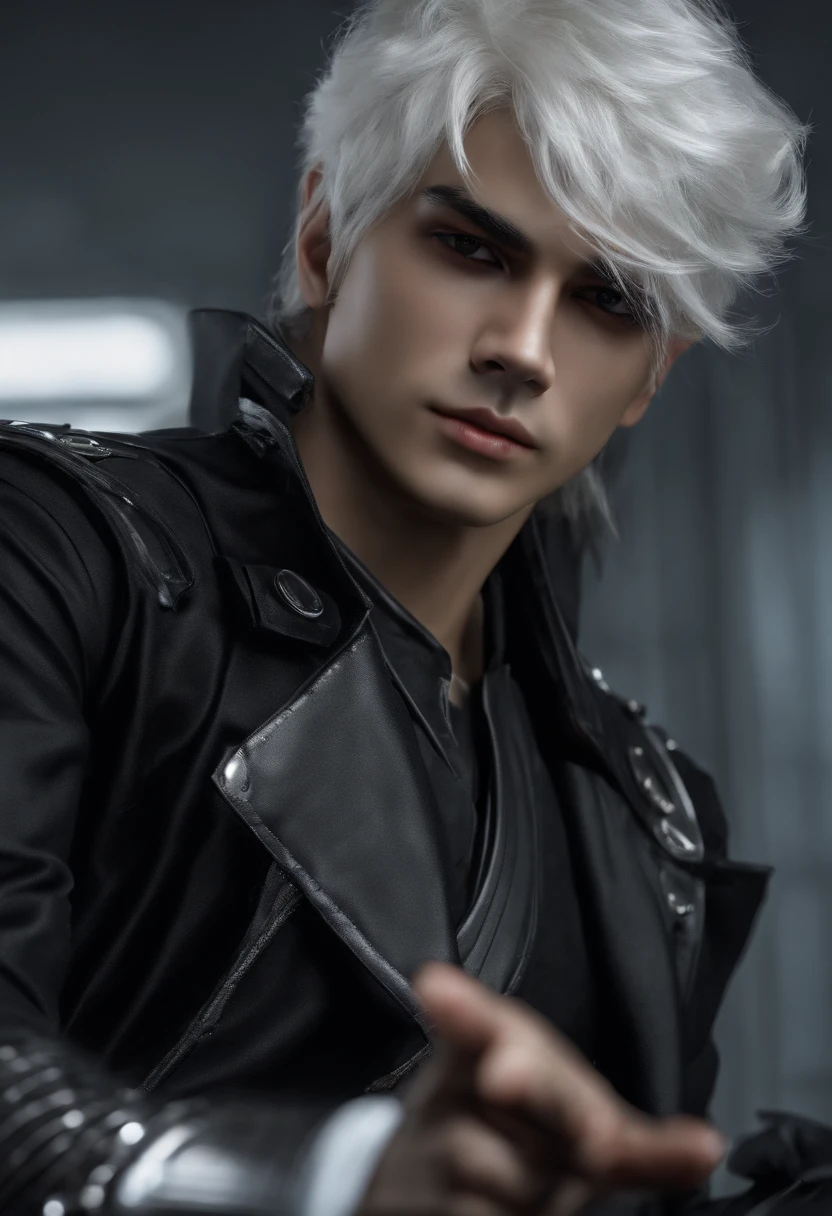 ((Best quality)), ((masterpiece)), ((realistic)), boy, white hair, black outfit, dark blindfold,