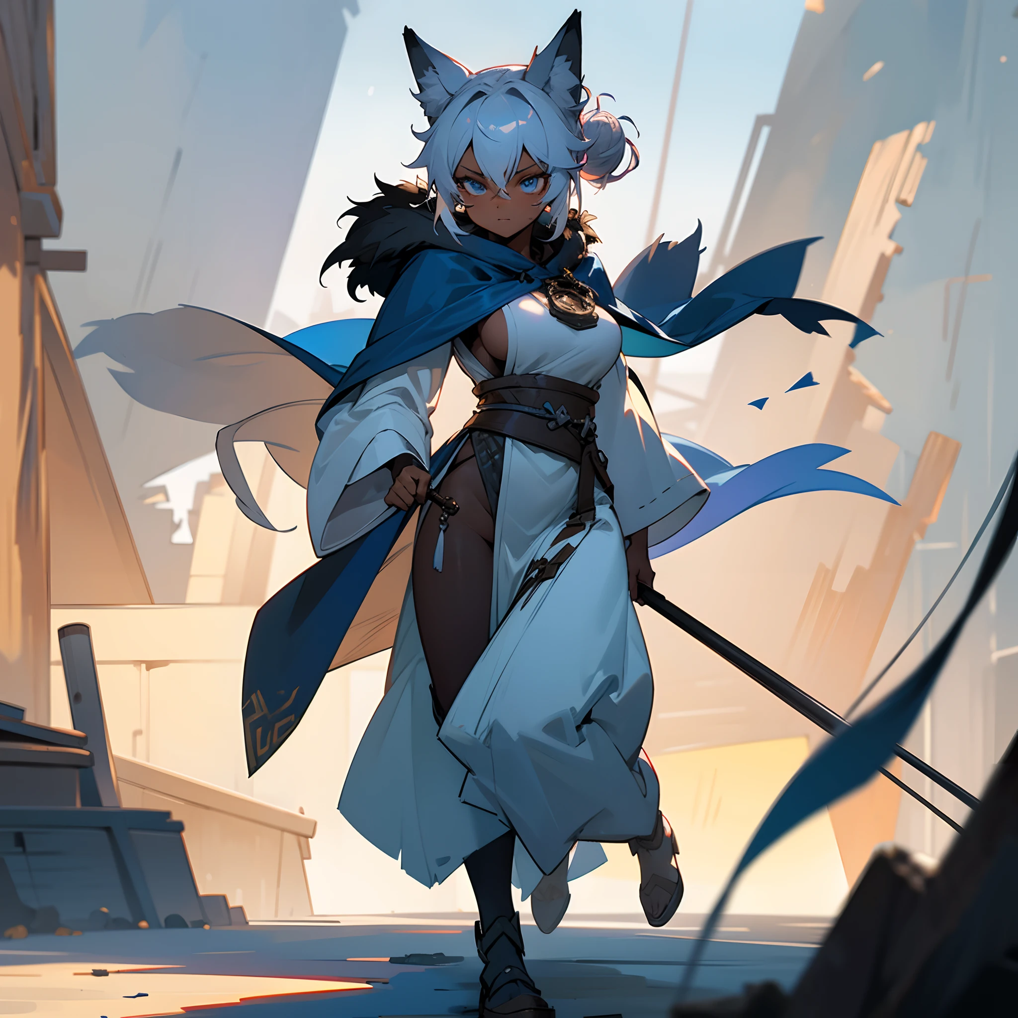1female, big breast, messy grey bun, dark skin, blue eyes, best light and shadows, loose adventurer clothing, oversized fur hood, walking down path, fishing village, fox ears