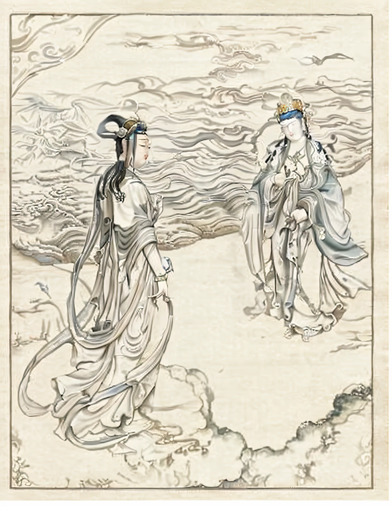 A painting of a woman in a long dress walking on the beach, guanyin of the southern seas, ruan jia and arthur rackham, inspired by Yun-Fei Ji, inspired by Tang Yin, Inspired by Qiu Ying, inspired by Tawaraya Sōtatsu, queen of the sea mu yanling, inspired by Zhang Zeduan