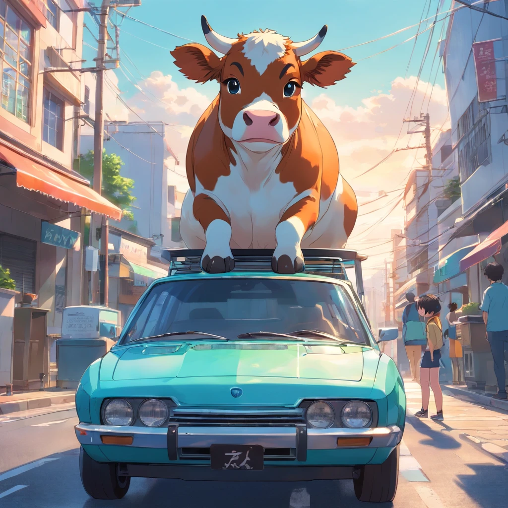 Quality, Amazing Details, Breathtaking studio shot, focused, funny  cow resembling Pixtar, Grands yeux, He stands on the hood of the car denting the hood in the middle of a street., daytime