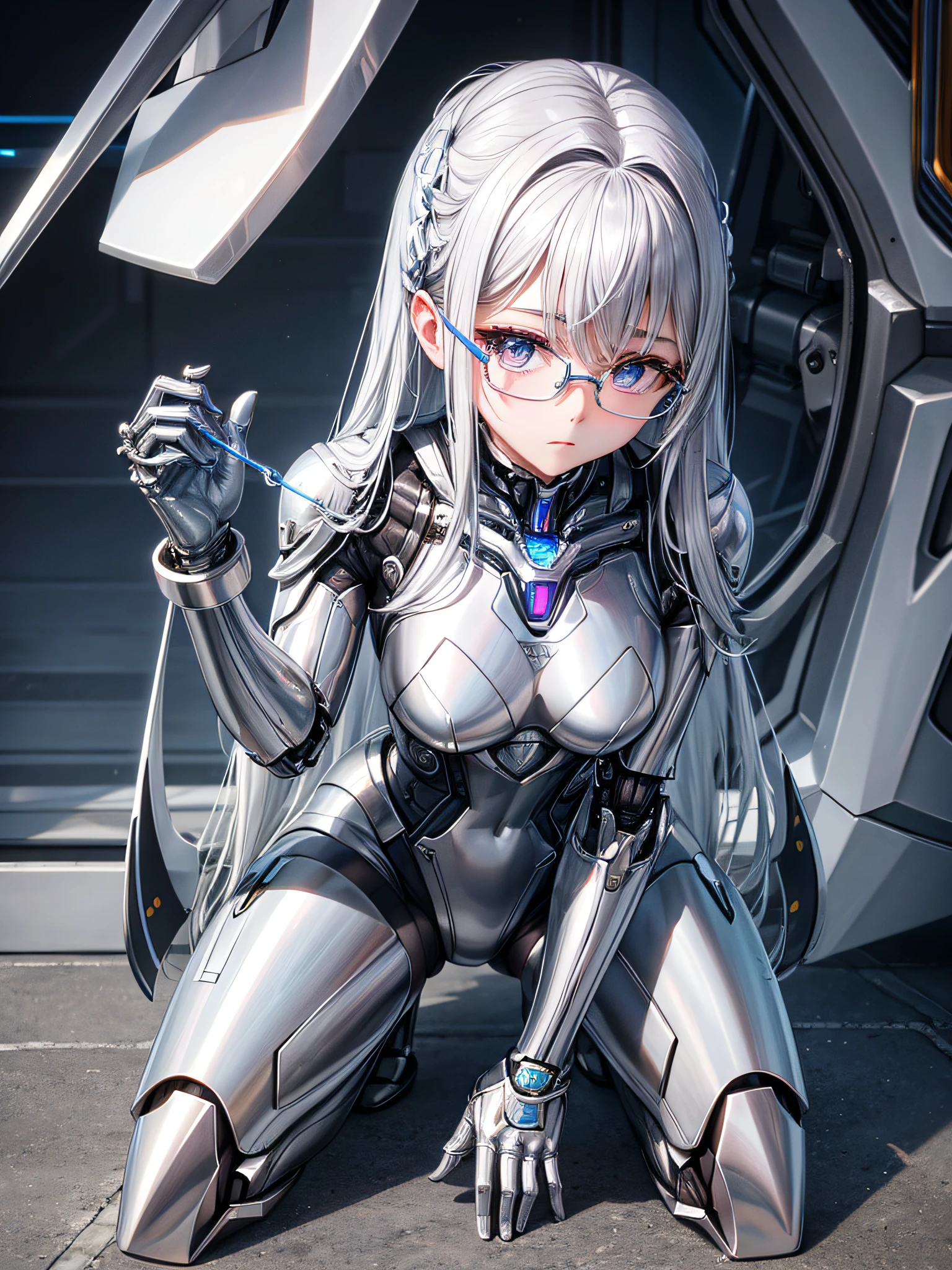 5 8K UHD、Silver metallic body mechanical beauty wearing glasses is looking down while kneeling facing the front、Silver metallic robot with hidden skin shiny