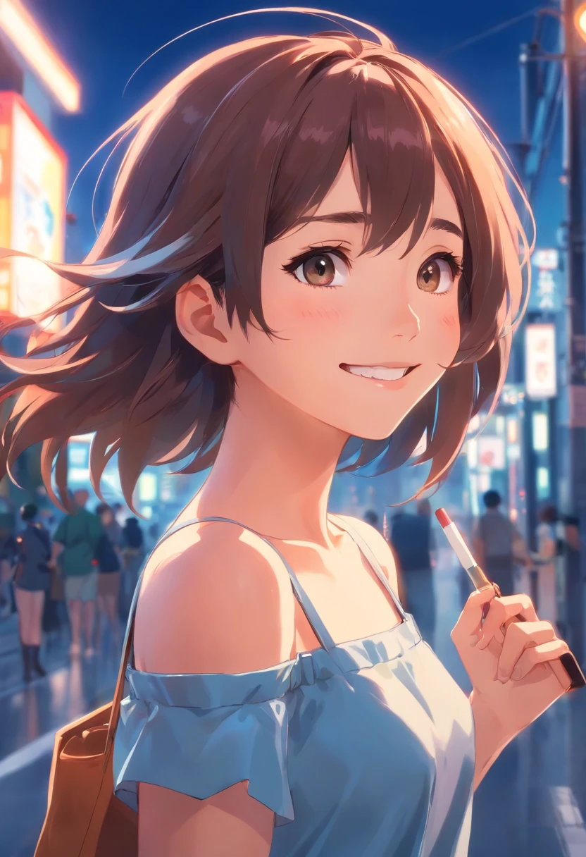 best quality, masterpiece, ultra high res, photorealistic, 1girl, offshoulder, smile