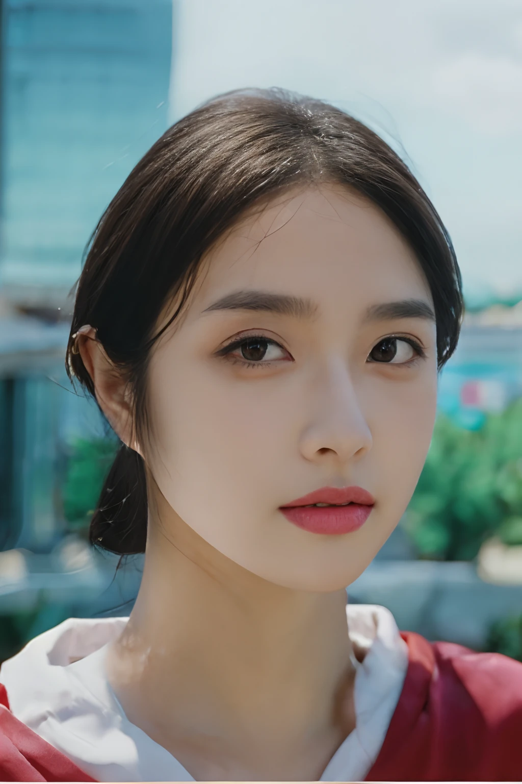 1girl, group, idol, close-up, face, rimlight, ,, photo, film, depth of field, parted lips,