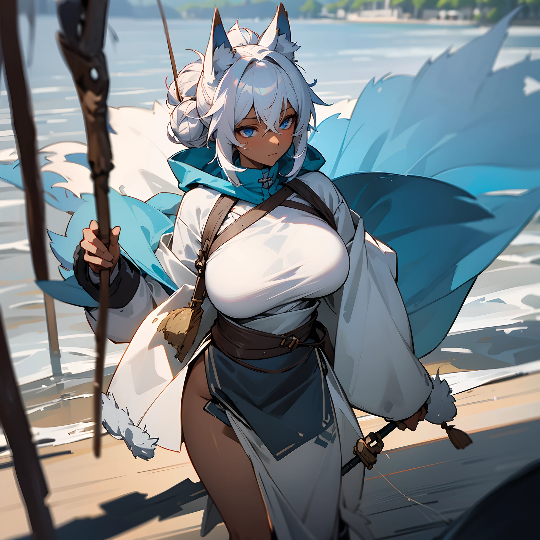 1female, big breast, messy grey bun, dark skin, blue eyes, best light and shadows, loose adventurer clothing, oversized fur hood, walking down path, fishing village, fox ears