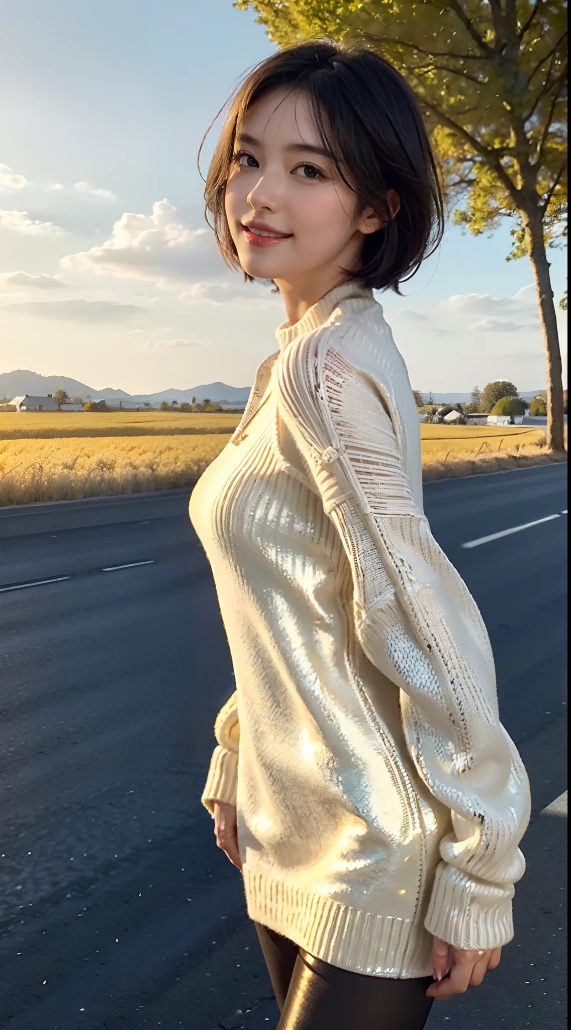 (shoulder length straight short hair: 1.1),（Extremely meticulous CG 8k wallpaper），（Extremely refined and beautiful），（Masterpiece），（best qualtiy：1.0),(Ultra High Resolution:1.0),realistic shaded，[A high resolution],(Smooth and flawless fair skin:1.5),(shiny skin:1.5),Extremely exquisite facial details,(perfect body：1.1），ultra - detailed，A beautiful girl，small head,Hair flying,(Small breasts:1.1)，Flat chests，slim，thin,(smile:1.2),happy,(sweater dress:1.5),(pantyhose:1.4),(White sneakers:1.3),Slender legs,walking,(on roadside:1.3),(tall golden corn fields on both sides of the road :1.3),sunny day,(day scene:1.5),Late autumn, blue sky, white clouds,close shot,upper body,cowboy shot