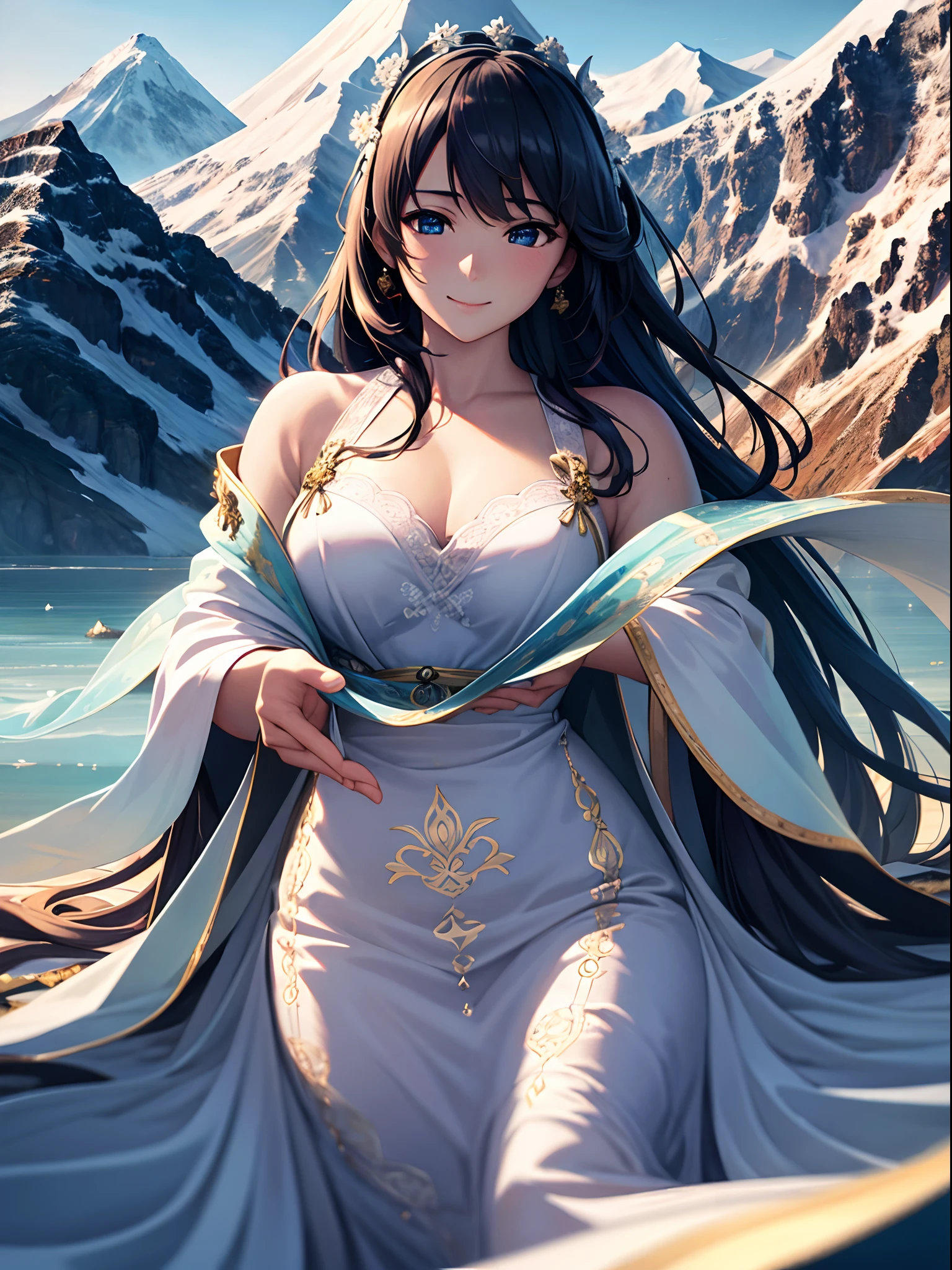 anime girl with big breast in blue dress standing in front of a window, beautiful alluring anime woman, beautiful avatar pictures, girl of the alps, detailed digital anime art, senna from league of legends, extremely detailed artgerm, fantasy art style, epic fantasy art style, 8k high quality detailed art, style artgerm, seductive anime girl