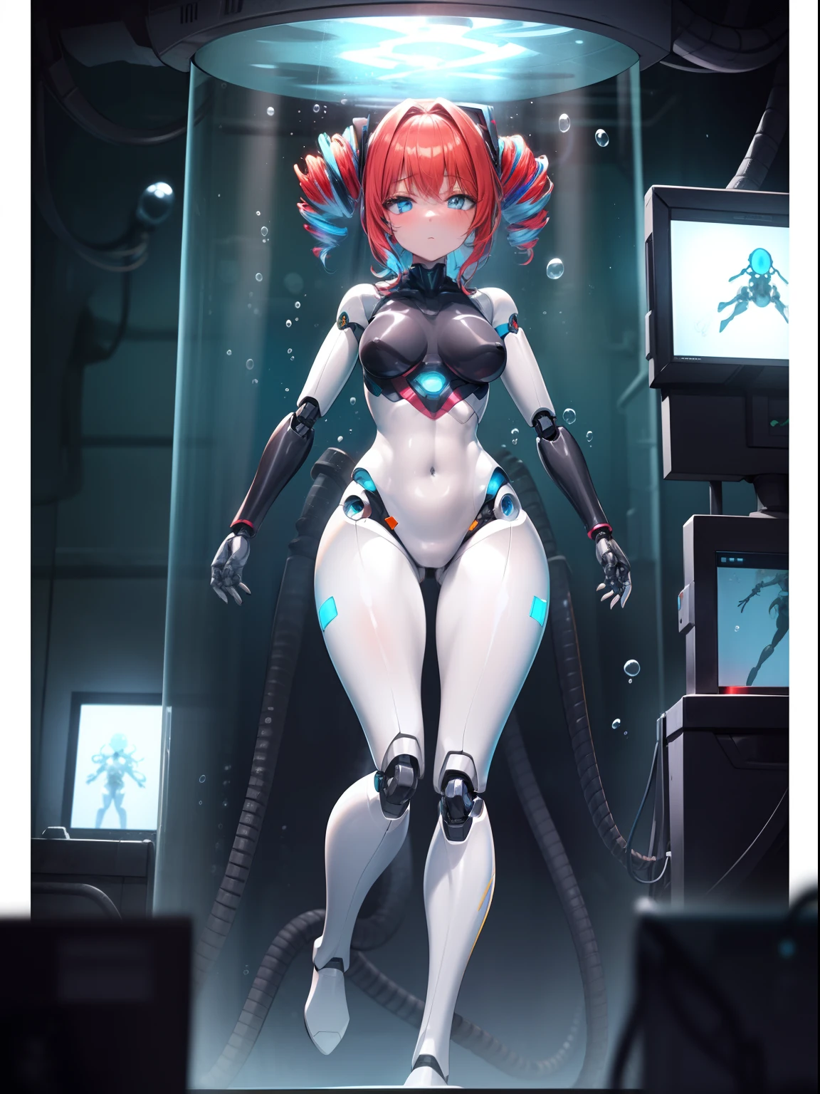 1girl,solo, short hairs,multicolor hairs,light blue eyes, curvy,humanoid robot, joints, robot, robot joints, shiny, shiny skin, thighs, robot, humanoid robot, robot girl,, hanger, in container, stasis tank, bubble, underwater, laboratory, expressionless, drill hair, red hair